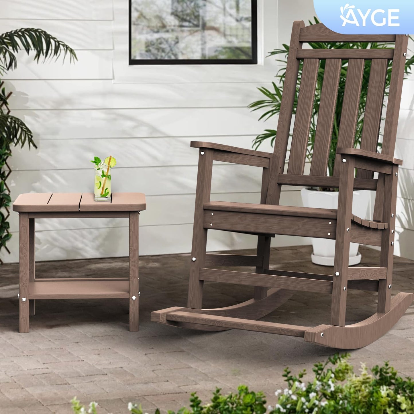 Ayge 17.7" Double Outdoor Side Table, Rectangular HDPE Adirondack End Table for Patio, Lawn, Pool, Garden, Backyard，Brown