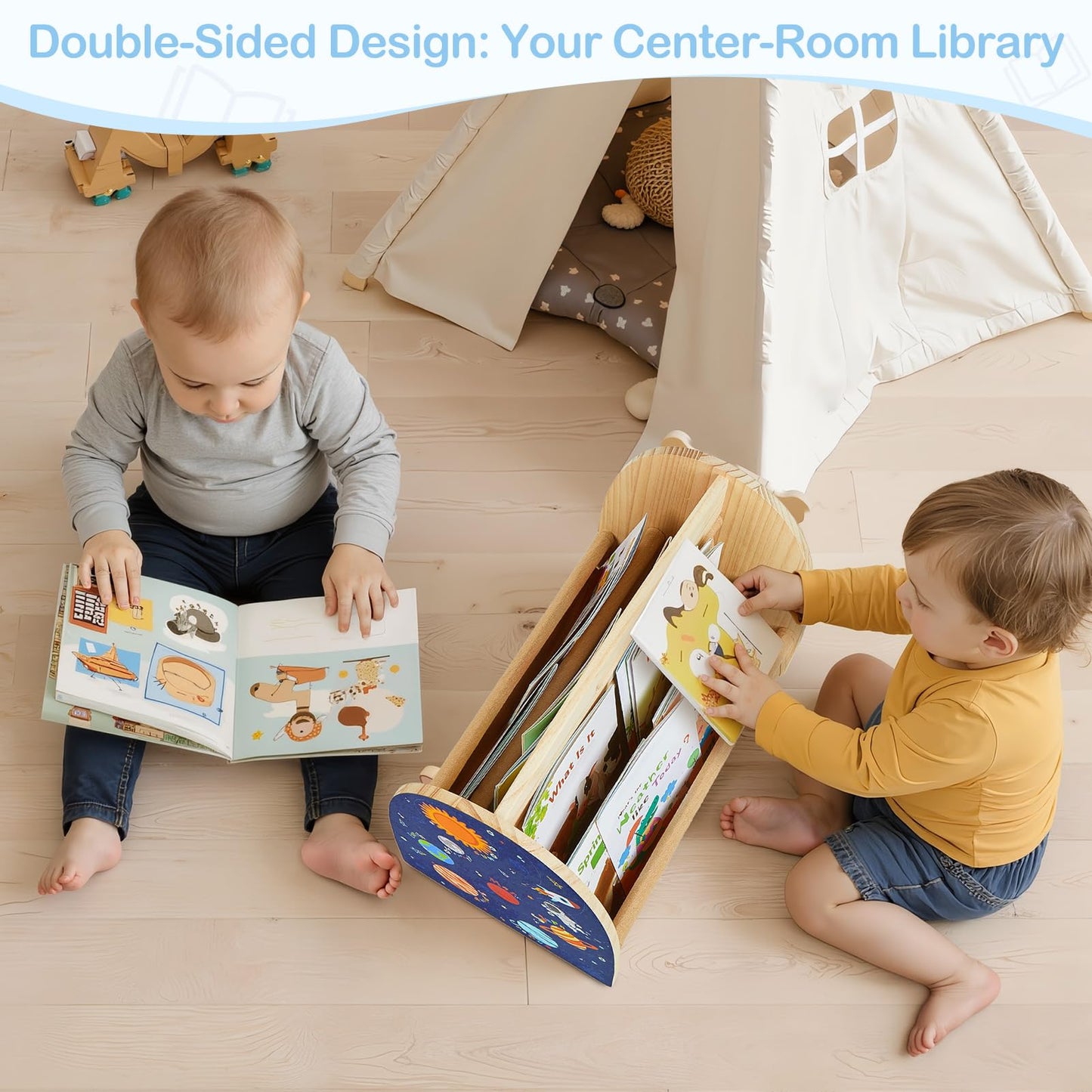 SheSeek Toddler Bookshelf Double-Sided with 4 Tier Deep Sleeves Kids Wooden Montessori Book Rack for Baby Nursery Room, Playroom, Classroom or Bedroom Bookcase Storage Organizer, Blue Astronaut