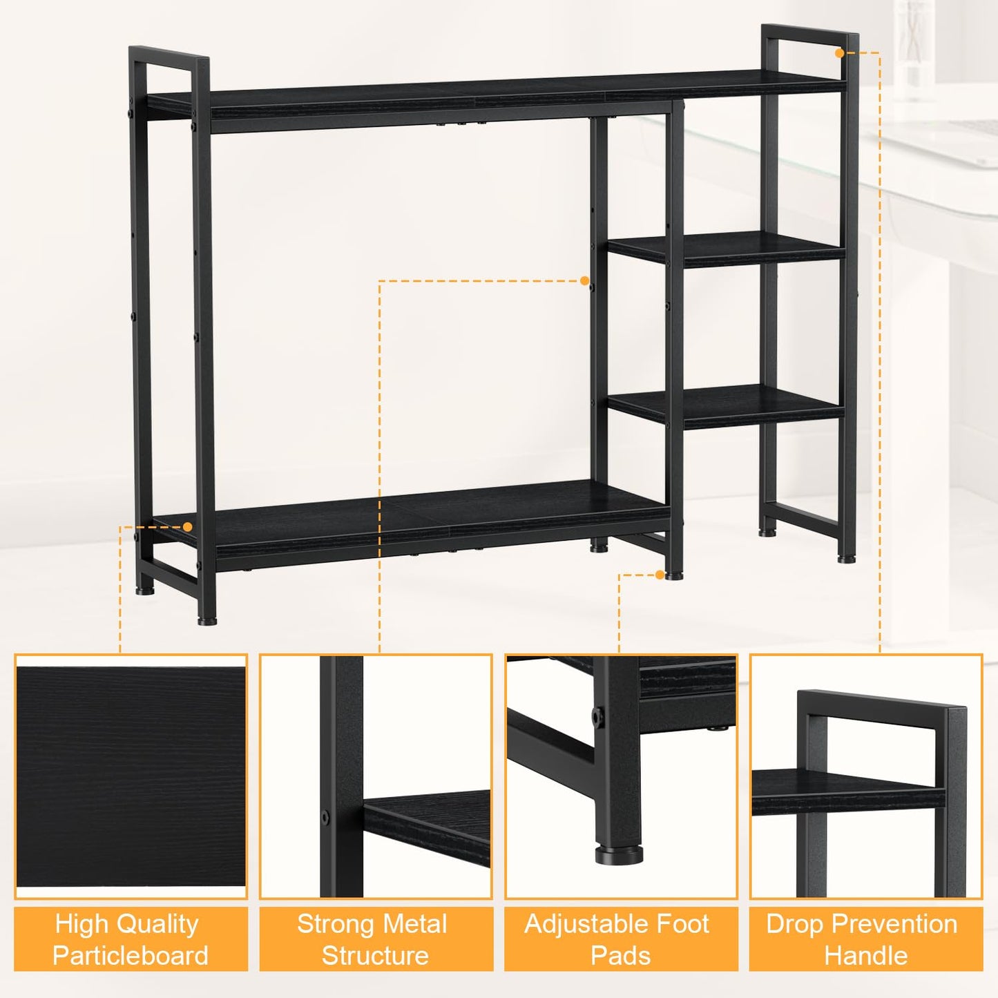 Snughome Adjustable Desk Shelf with Monitor Stand, 38.6" Desktop Organizer Hutch, Height Adjustable Computer Monitor Riser & 4 Tier Storage Bookshelf for Home Office Dorm, Black