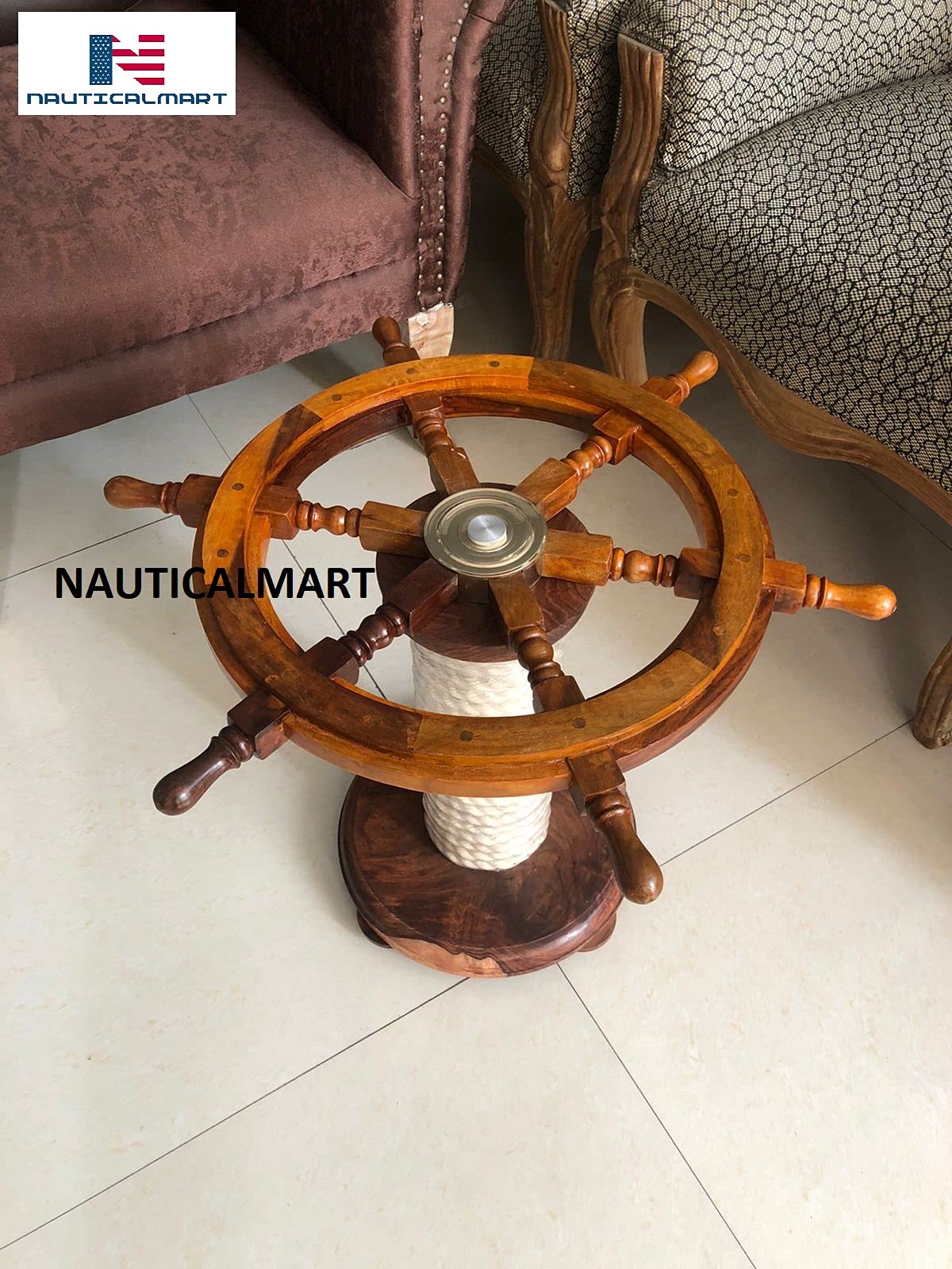 Nautical-Mart Wooden Ship Wheel Table w/Rope Base Home Office Furniture Decor (30 Inches)