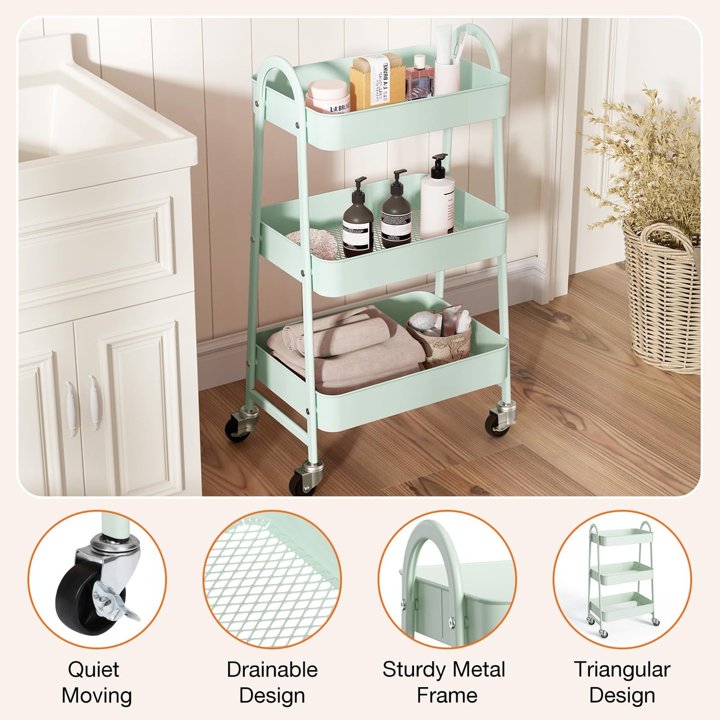 NEWBULIG 3-Tier Metal Rolling Cart with Lockable Wheels, Heavy Duty Mobile Utility Storage Shelf, Roller Book Snack Cart, Organization for Livingroom, Bathroom, Office, Green