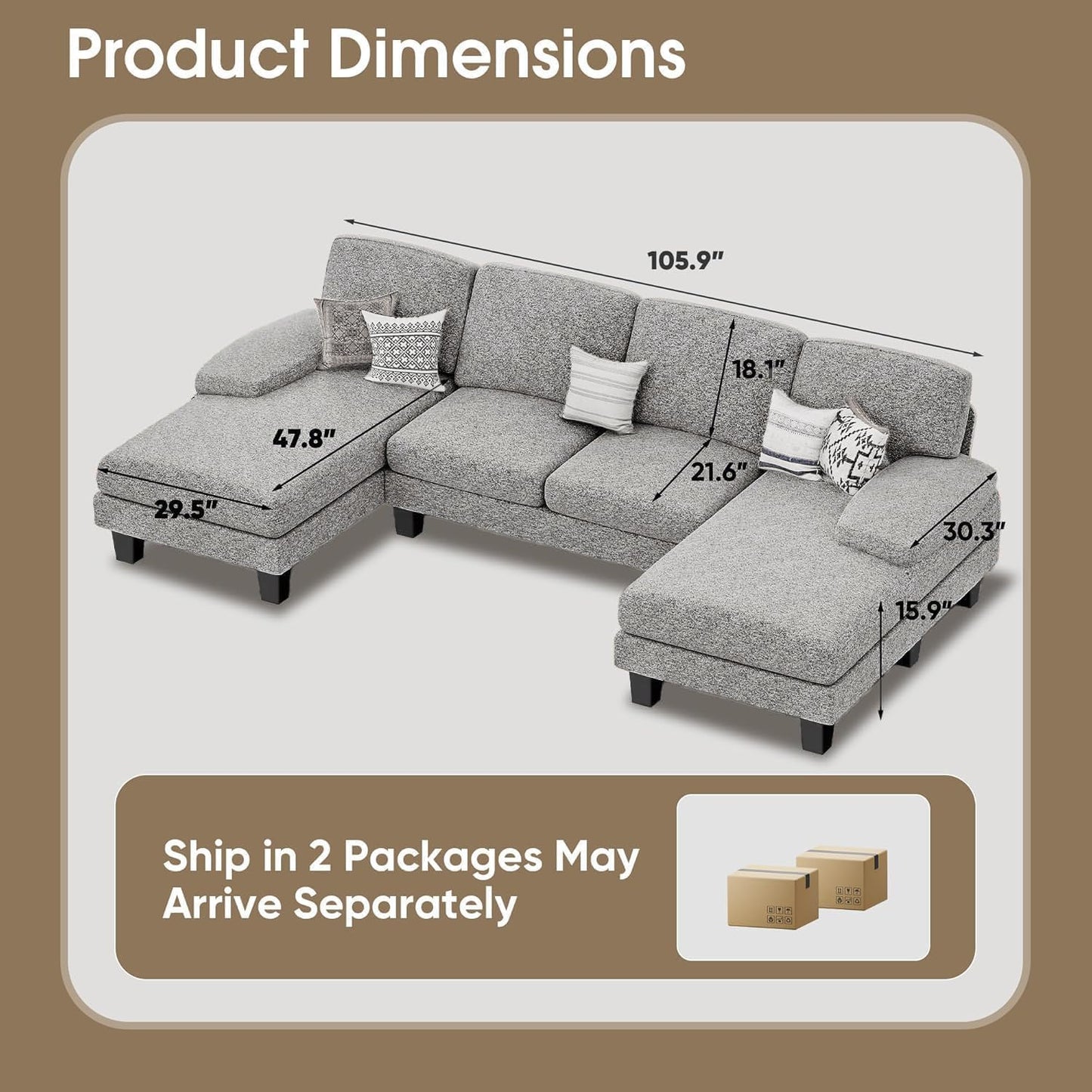 Furmax Sectional Couches for Living Room, U-Shaped Sofa Couch with Linen Fabric, 4 Seat Sofa Set with Double Chaise for Apartment (Loop Yarn, Pearl Gray)
