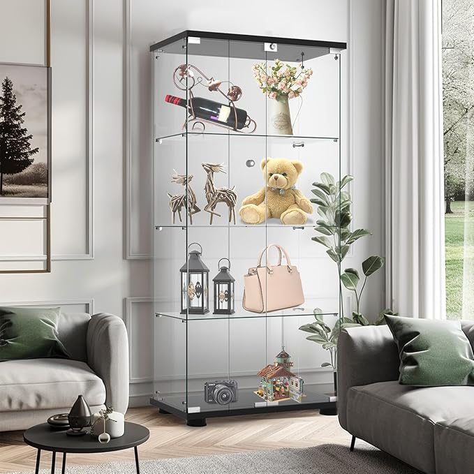 Display Cabinet with Glass Door and Lock, 4-Shelf Fast Installation in 30 Mins