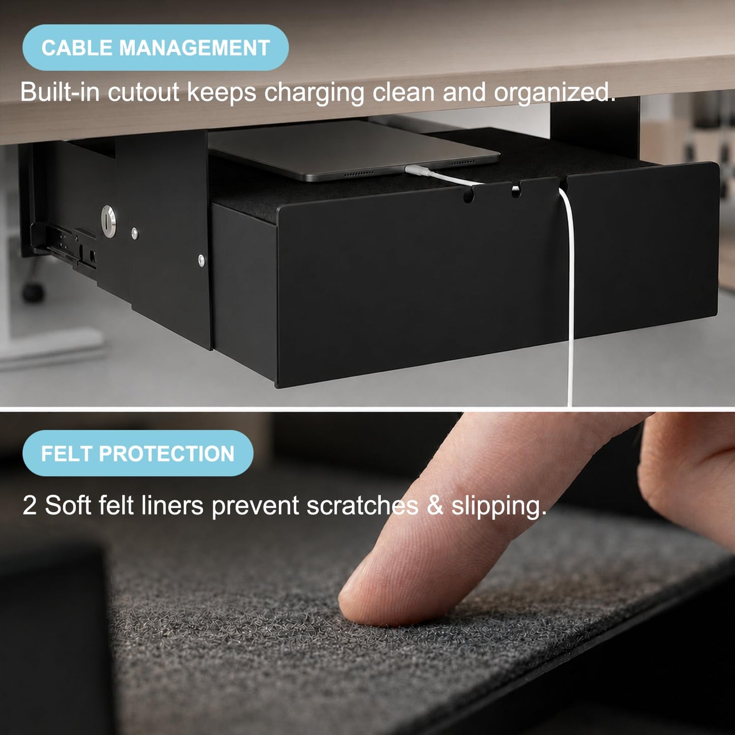 ERGO COLLECT Under Desk Lockable Drawer, Slide-Out Storage Organizer with Full Extension Ball-Bearing Slides, Carbon Steel Undermount Drawer for Home Office Standing Desk, Black, 13.8 Inch
