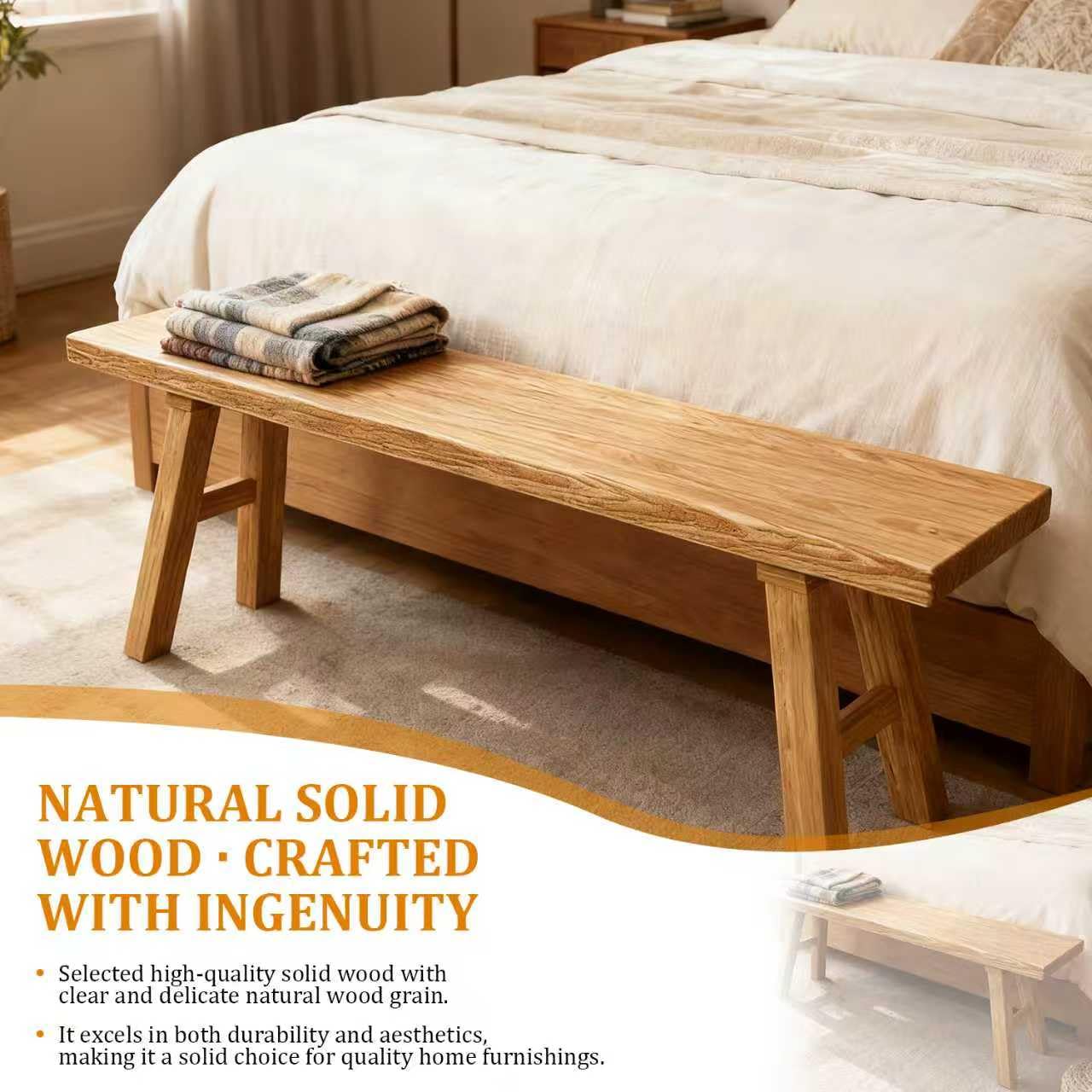 BTUASSDY Solid Wood Entryway Bench - Rustic Elm Farmhouse Dining Bench for Hallway, Bedroom, Kitchen - 2-Person Seating, Natural Wood Finish