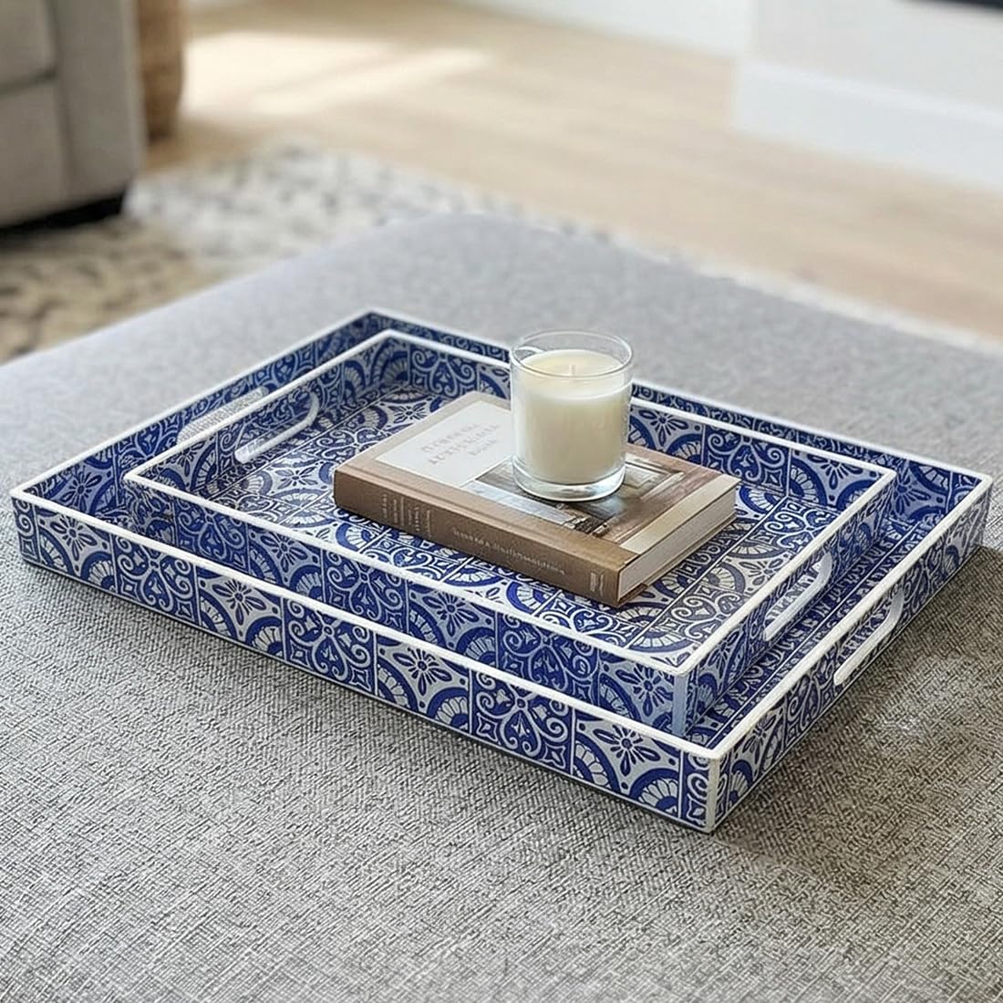 Umisriro 2 Pack Serving Tray with Handles, Rectangular Decorative Trays for Coffee Table, Modern Blue Plastic Ottoman Tray for Living Room, Bathroom, Kitchen, Decor, (Boho Blue)