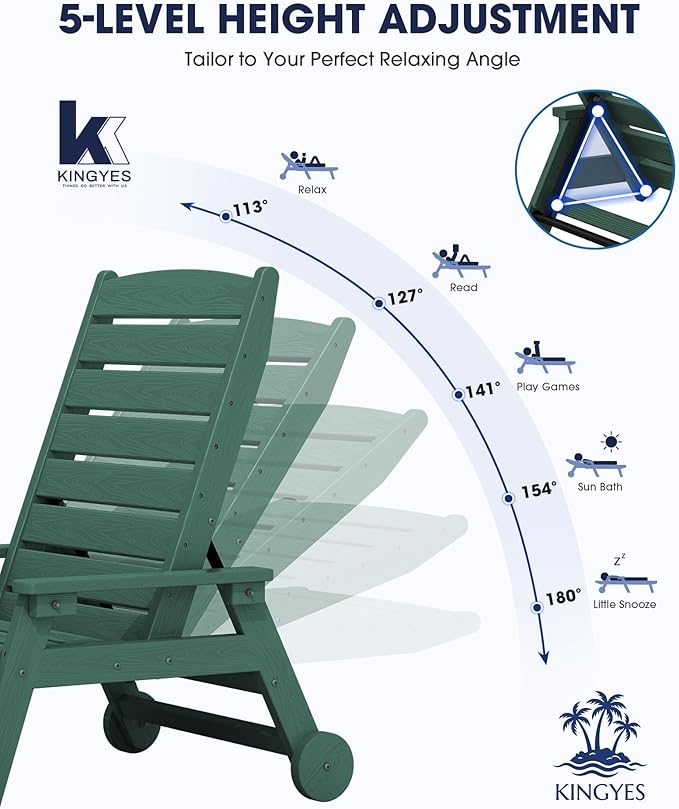 KINGYES HDPE Lounge Chair Outdoor Set of 2, Patio Chaise Lounge Recliner
