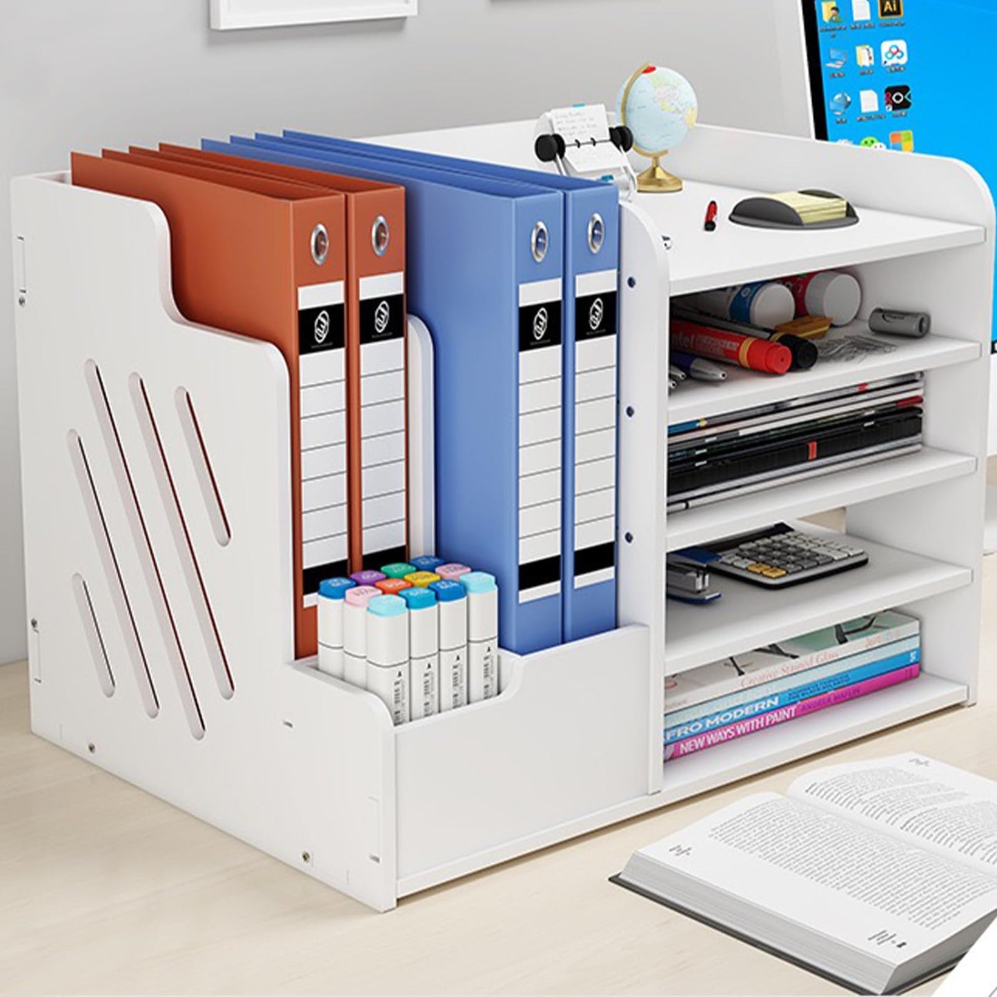 Zyners Bamboo Desk Organizer, Desktop Wood Bookshelf File Organizer, Pen Holder and Tissue Holder, 1 Drawer with lock for Office, Home, Need to Install (White)