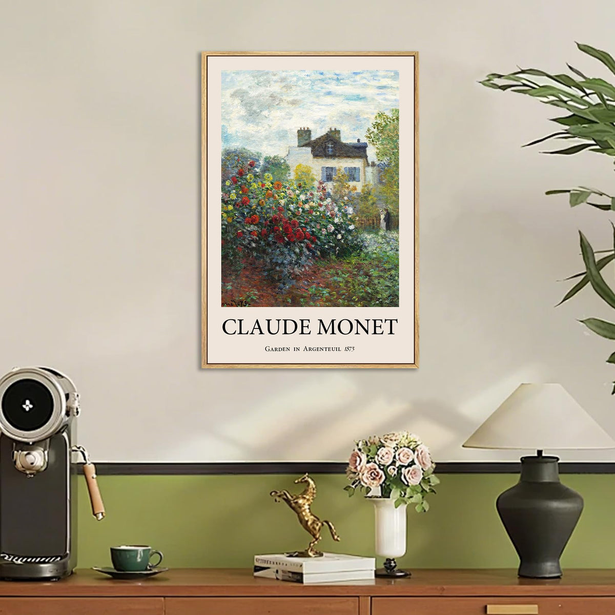 LARAGE Claude Monet Framed Canvas Wall Art,Garden in Argenteuil Famous Oil Painting Pictures,Impressionist Famous Reproductions Artwork for Living Room Office Classroom Wall Decor -12x16in