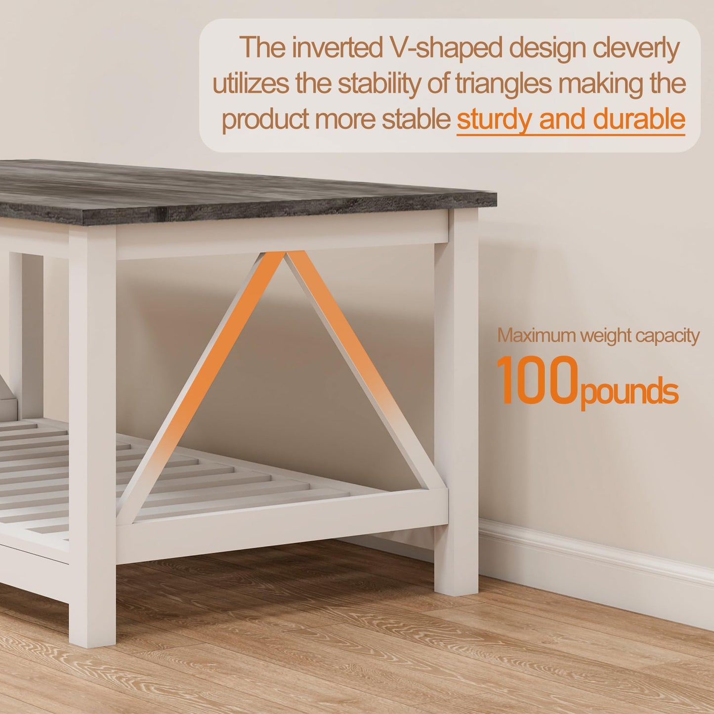 UYIHOME Farmhouse Coffee Table, White Oak Coffee Table for Living Room, 2-Tier Rectangular Wooden Centre Cocktail Table with Slats Shelf Storage and V-Shaped Frame Modern Coffee Oak Grey