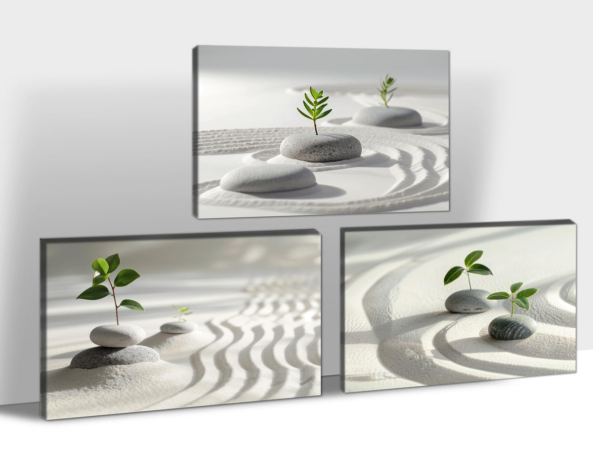 Zen Wall Art, 3 Pcs Stone and Green Leaf Pictures Zen Wall Decor Canvas Print, Yoga Spa Meditation Painting Calming Home Decorations Artwork for Spiritual Room Office Living Room Bedroom Bathroom