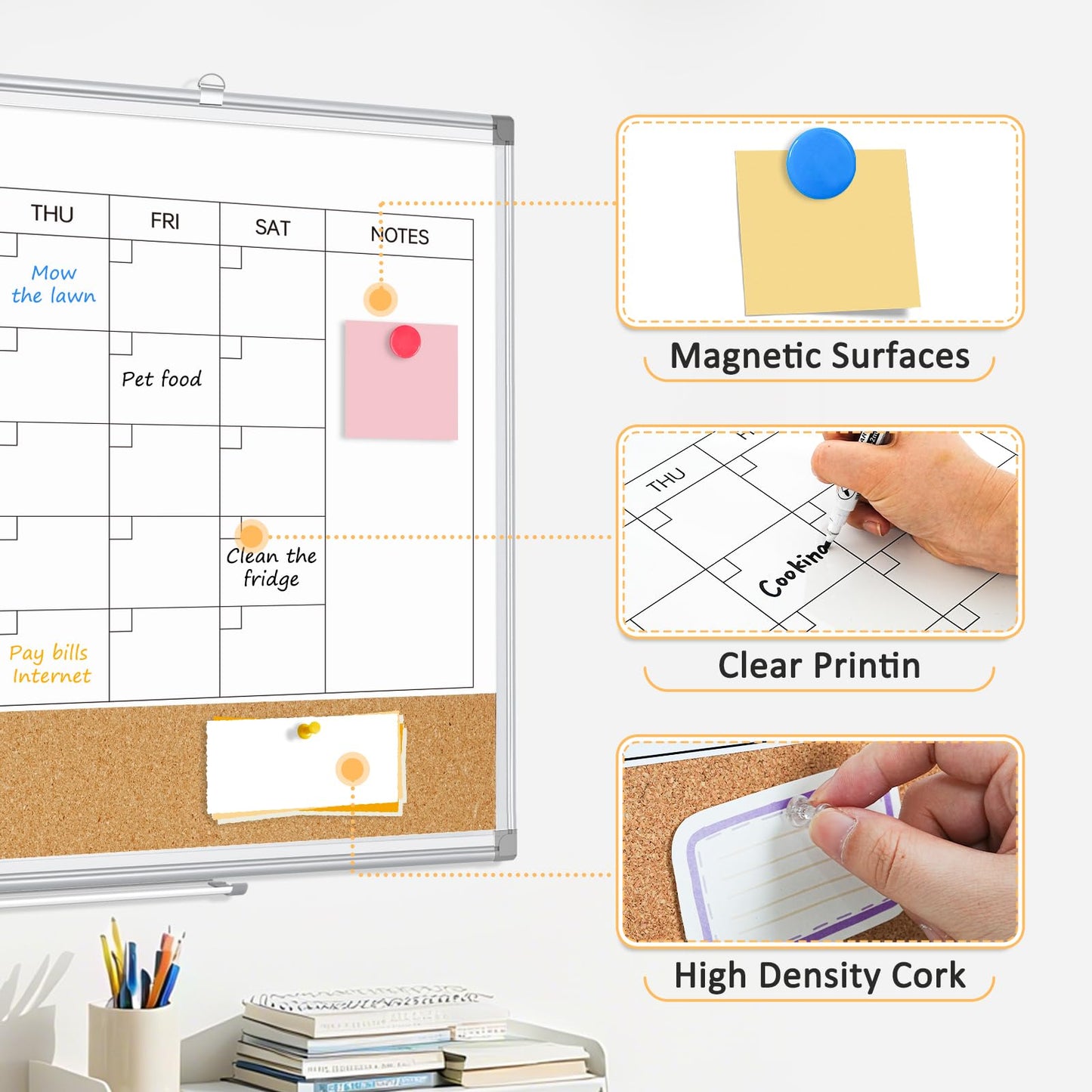 QUEENLINK Large Dry Erase Calendar for Wall, 36"x24" Double-Sided Magnetic Whiteboard Calendar with Cork Board, Aluminum Frame Monthly White Board Memo Message Board for Office, Home, School, Kitchen
