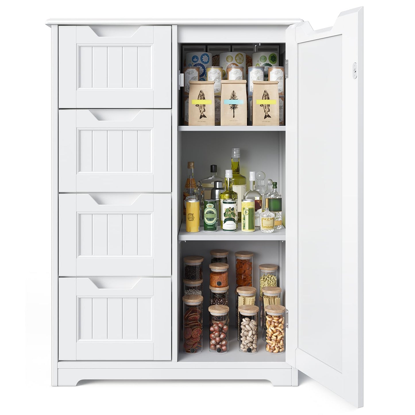 Gizoon Small Pantry with Door and Shelves, 33'' Kitchen Pantry Storage Cabinet Freestanding Samll Coffee Bar Cabinet with 4 Drawers for Kitchen and Dining Room, White, Painted