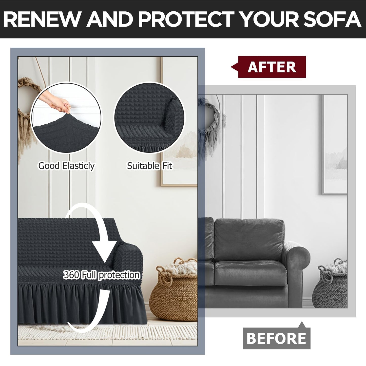 Fanfanwin 3 Pcs Sofa Slipcover Set for Couch Cushion Durable Washable High Elastic Stretchable Furniture Couch Covers with Skirt for Sofa Loveseat Arm Chair(Dark Gray,Seersucker)