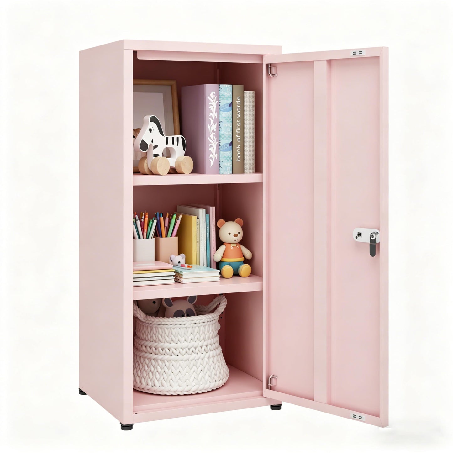 MIOCASA Metal Storage Cabinet with Lock, 3 Adjustable Shelves Single Door Steel Locker for Home, Office & Garage (Pink)