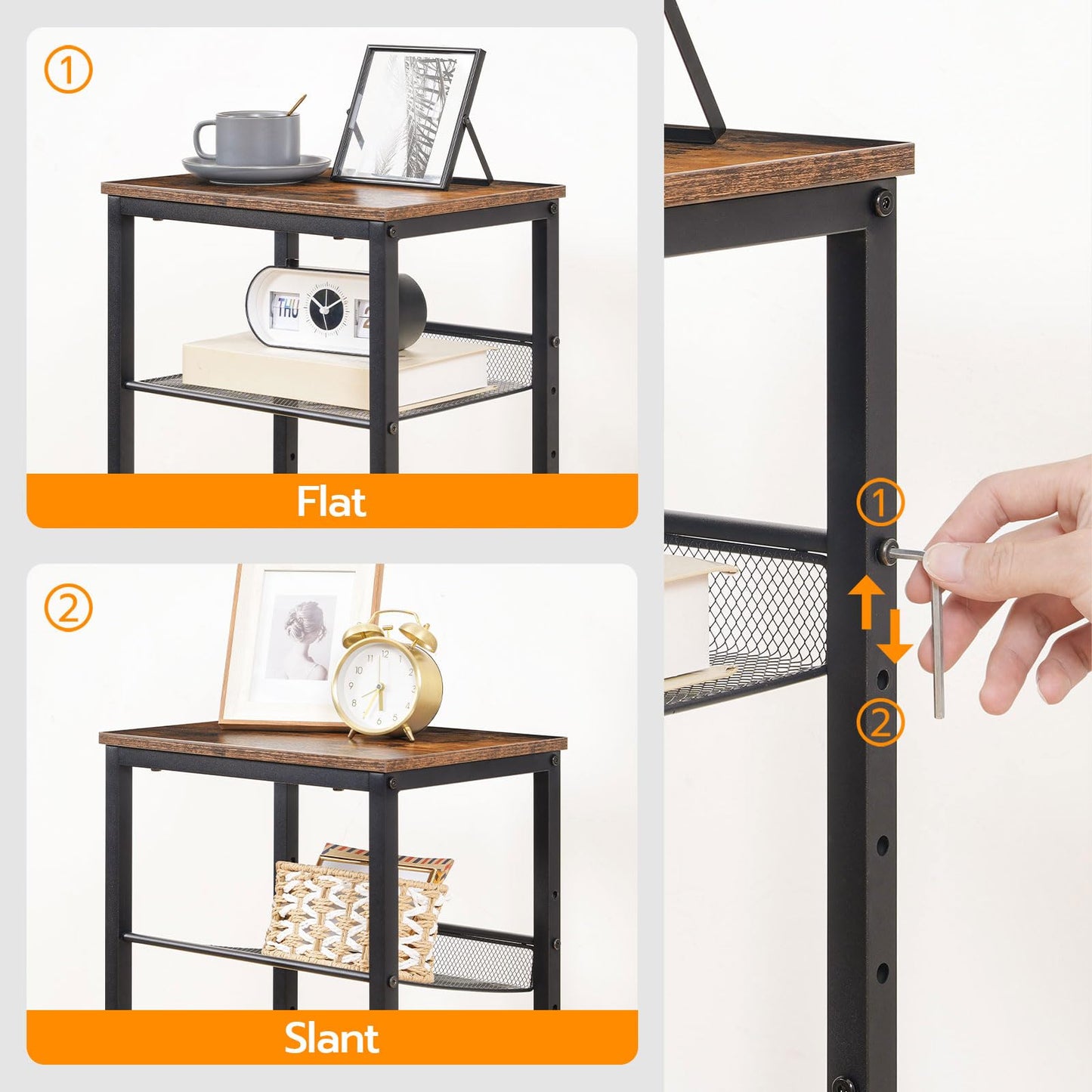 HOOBRO Side Table, 3-Tier Tall End Telephone Table with Adjustable Mesh Shelves, Small Entry Table for Living Room Bedroom Hallway or Office, Rustic Brown and Black BF01DH01G1