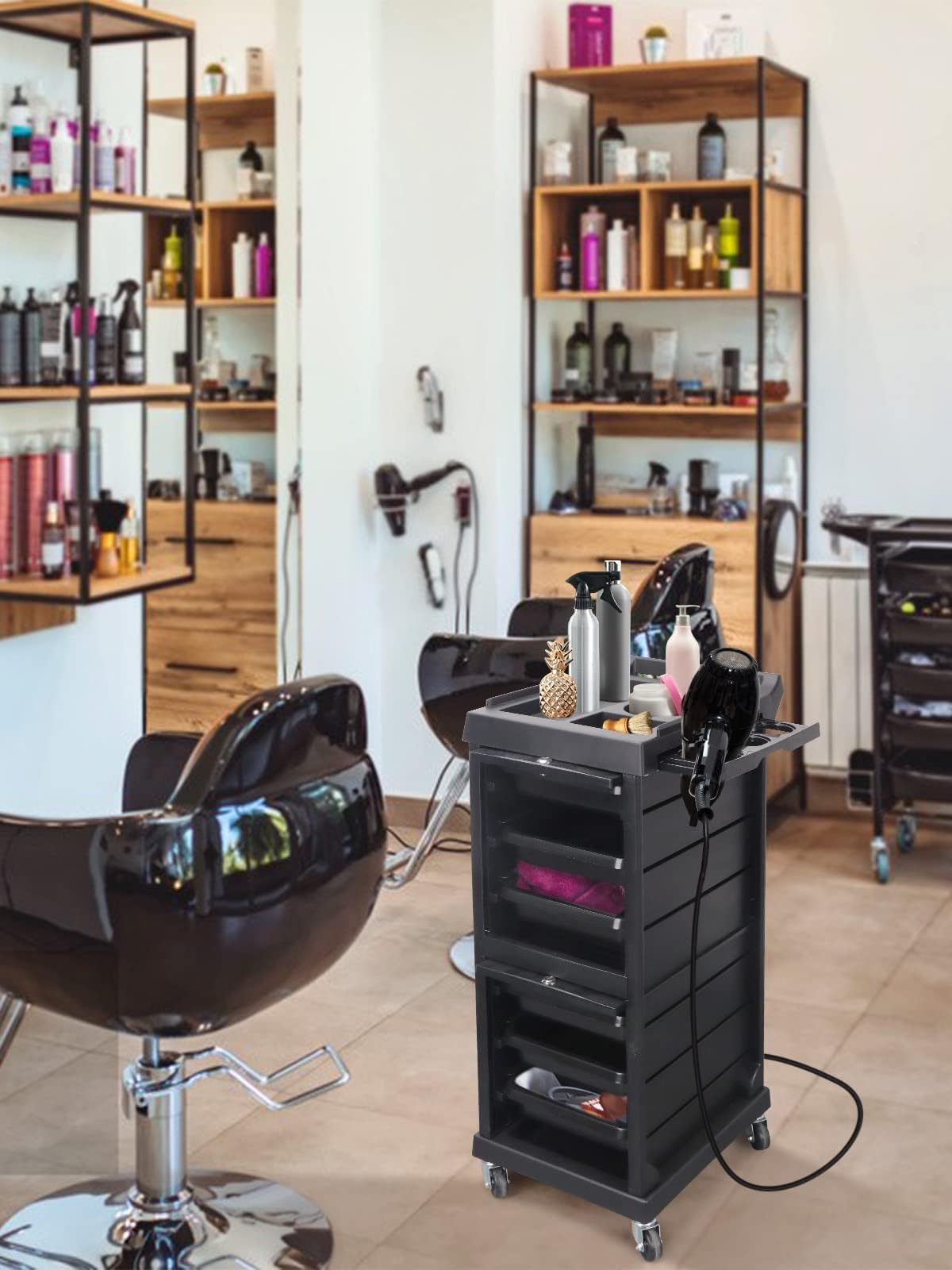 Lorvain Salon Beauty Rolling Trolley Cart, 3FT Hair Storage Cabinet Barber Organizer Tool Multi Drawers Rolling Cart Free Standing Furniture with 4 Universal Wheels Hair Supplies (Black)