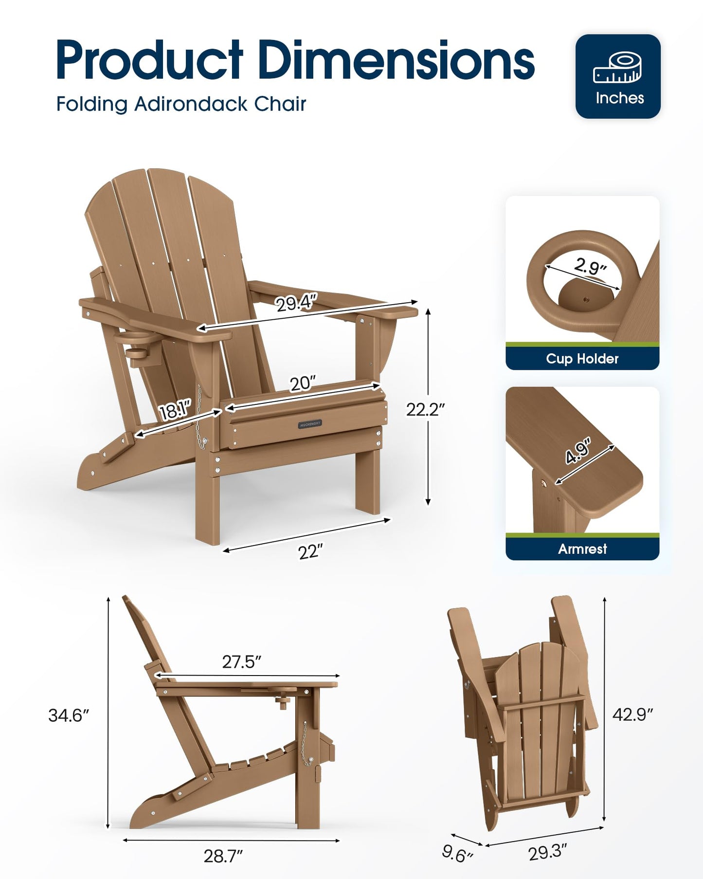MUCHENGHY Folding Adirondack Chairs, Patio Chairs, Lawn Chairs, Outdoor Chair, Adirondack Chair Plastic, Fire Pit Chairs, Weather Resistant with Cup Holder for Deck, Backyard, Garden(Teak)