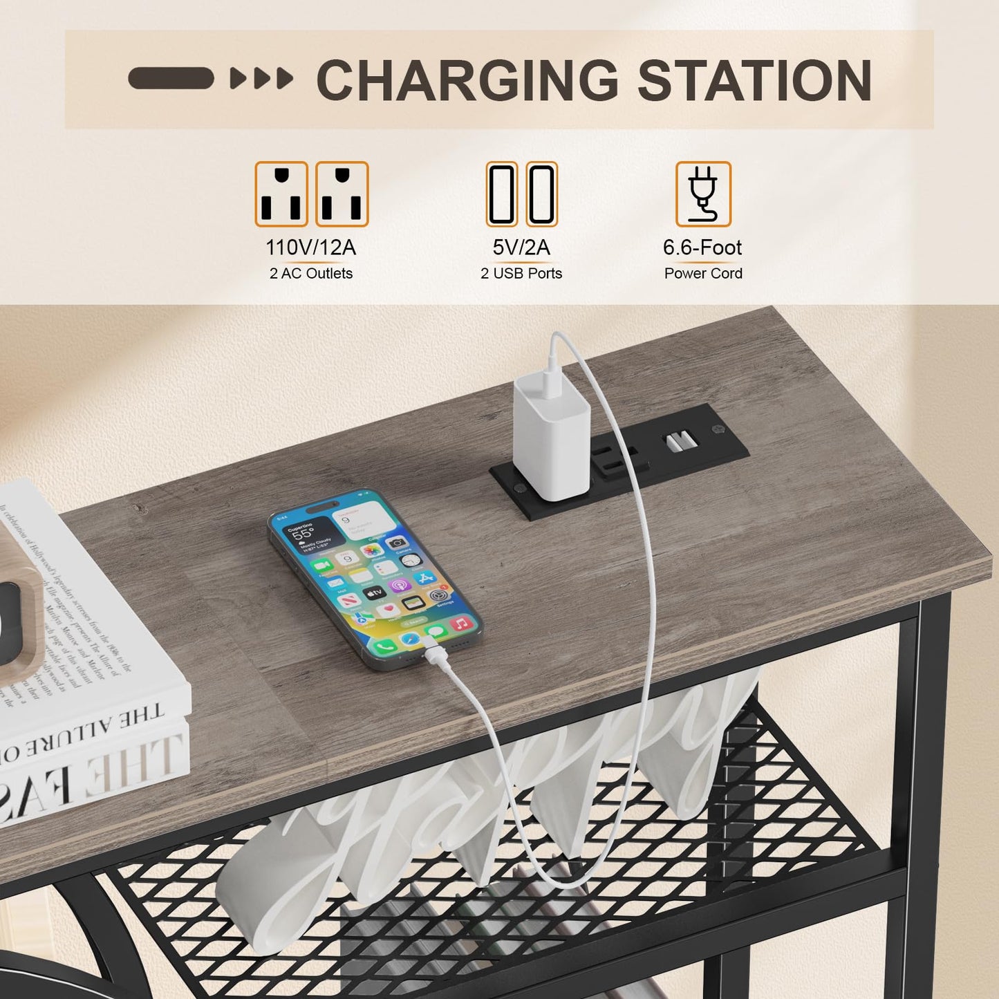 Snughome Entryway Table, Console Table with Charging Station, Industrial Narrow Sofa Table with 5 Tier Storage Shelves, Entrance Table for Hallway, Living Room, Foyer, Grey
