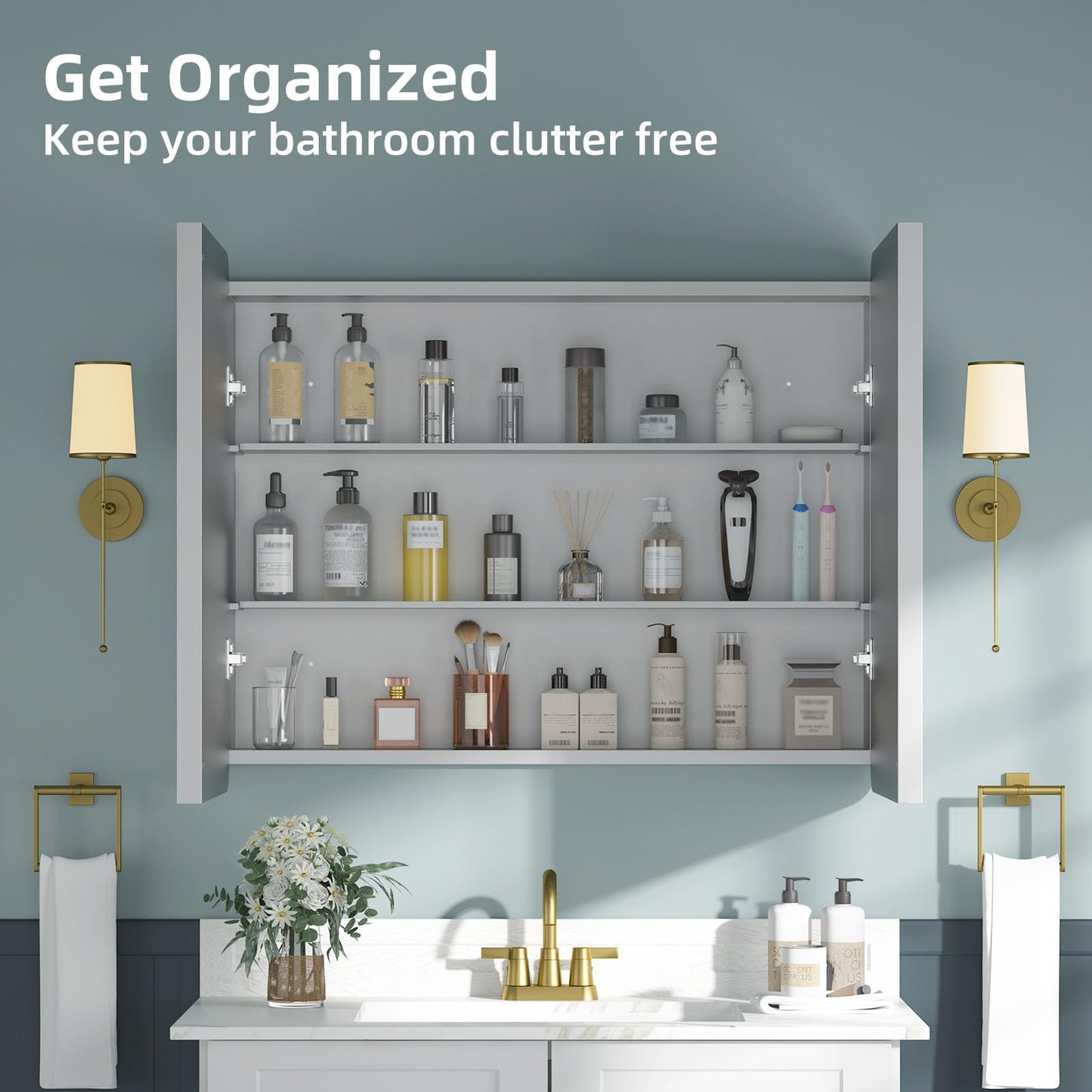 YTSMIR Bathroom Medicine Cabinet with Mirror 24x30Inch, Silver Medicine Cabinet Recessed or Surface Wall-Mounted, Mirrored Cabinets with Sturdy Metal Adjustable Shelves for Bathroom Vanity