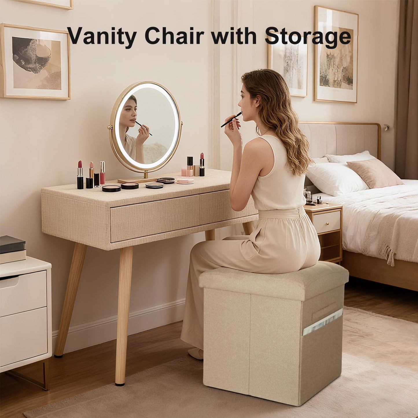 Ottoman with Storage, Small Storage Ottoman Foot Rest with Thicker Foam Padded Seat. 61L Slim Tall Foldable Linen Cloth Foot Stool for Living Room Bedroom, 300lbs Weight Support, 17x13x13IN, Beige
