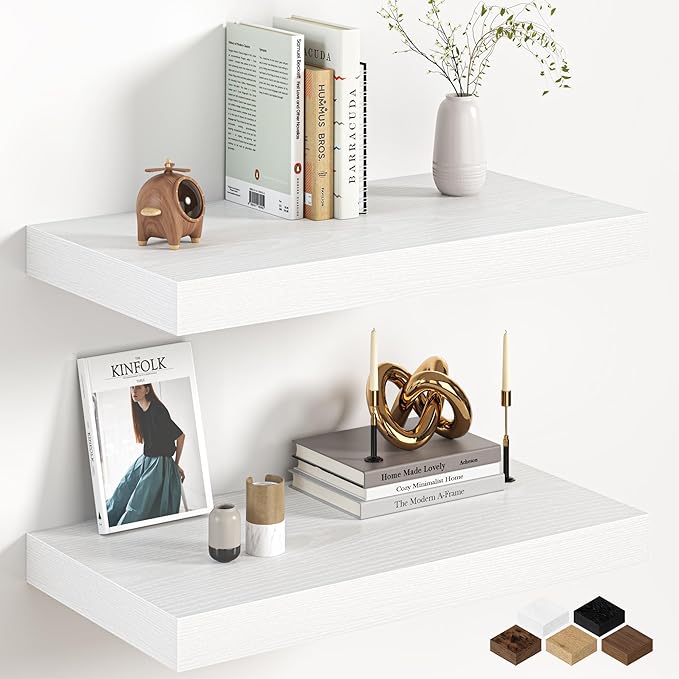 Fun Memories 12 Inch Deep White Floating Shelf, 24 x 12 Rustic Wood Wall Shelf