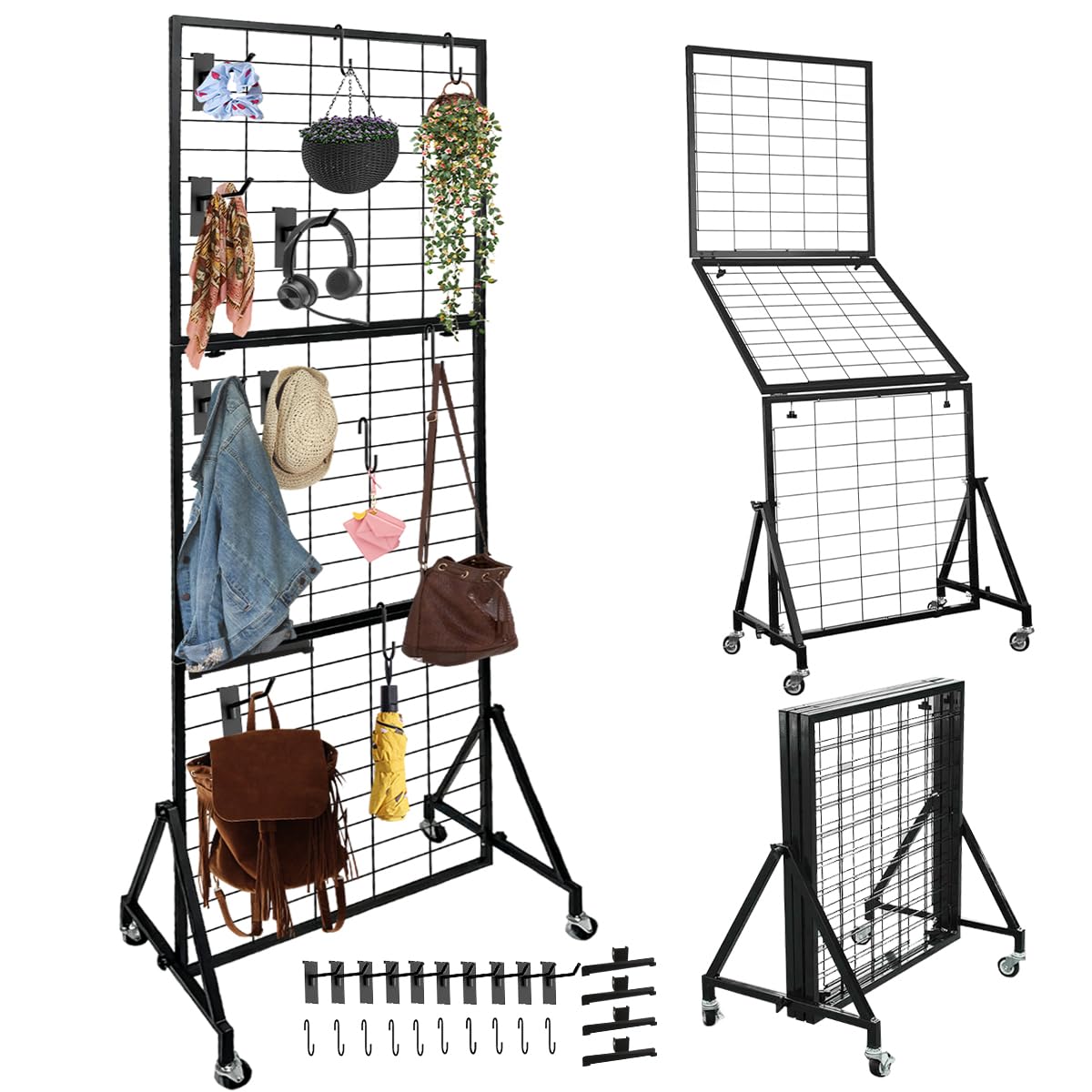 ZERTNROW Heavy Duty Adjustable Grid Wall Panels, Foldable Gridwall Panels with Braked Wheels-Included 24 Hooks，Suitable for Art Fairs Craft Display Retail Storage
