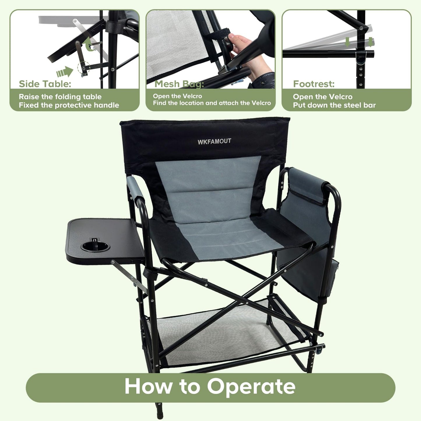WKFAMOUT 27" Tall Camping Director Chair Oversized with Side Table, Heavy Duty Folding Lawn Chair Outdoor for Makeup Artist, Sports Event, Supports 330LBS