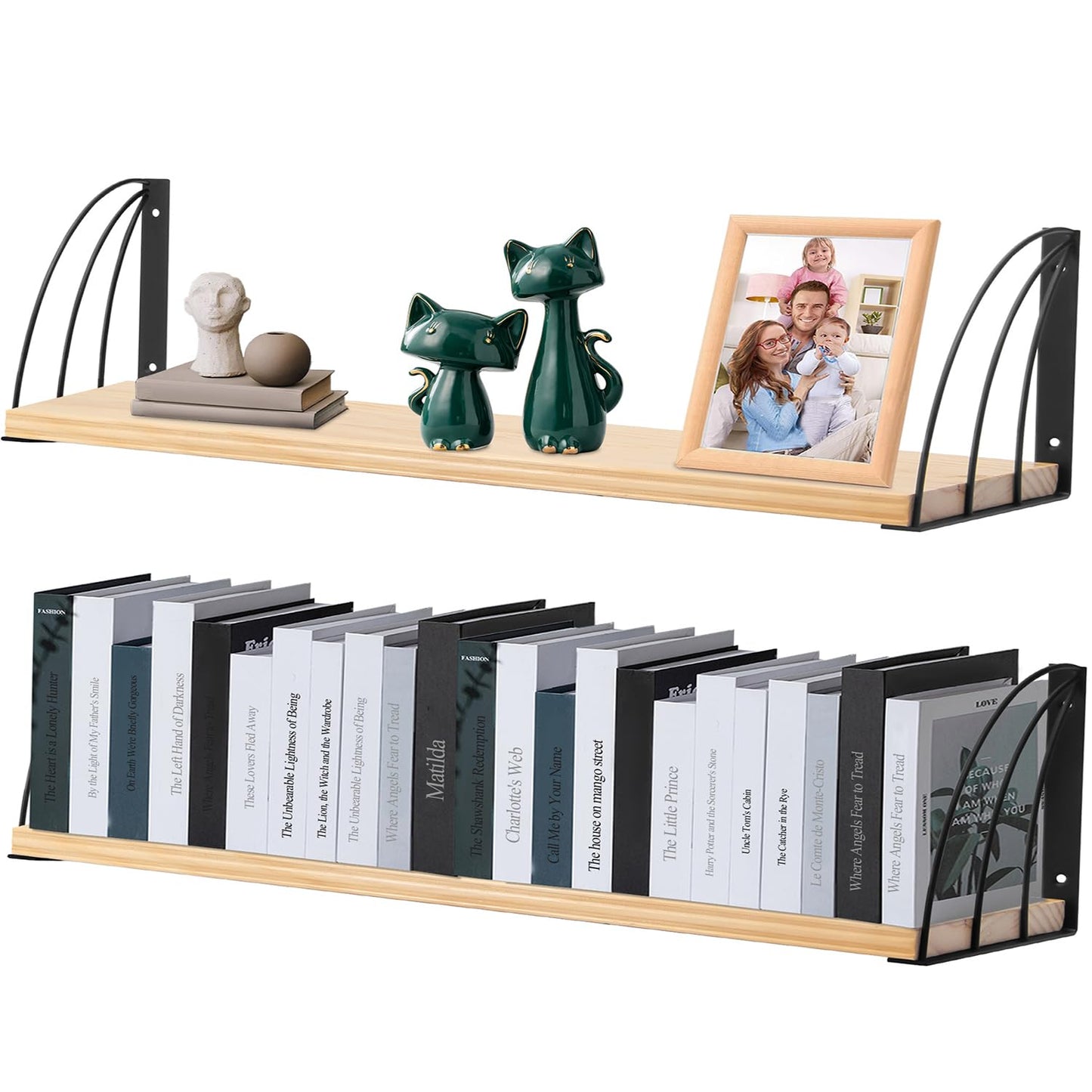 Long 36 inch Wall Bookshelf-Curved Fan-Shaped Design with Built-in Anti-Slip Book Stops|0.71" Thicker Heavy Duty Natural Wood Floating Shelves|Floating Book Shelves for Wall,Home Office Décor Set of 2