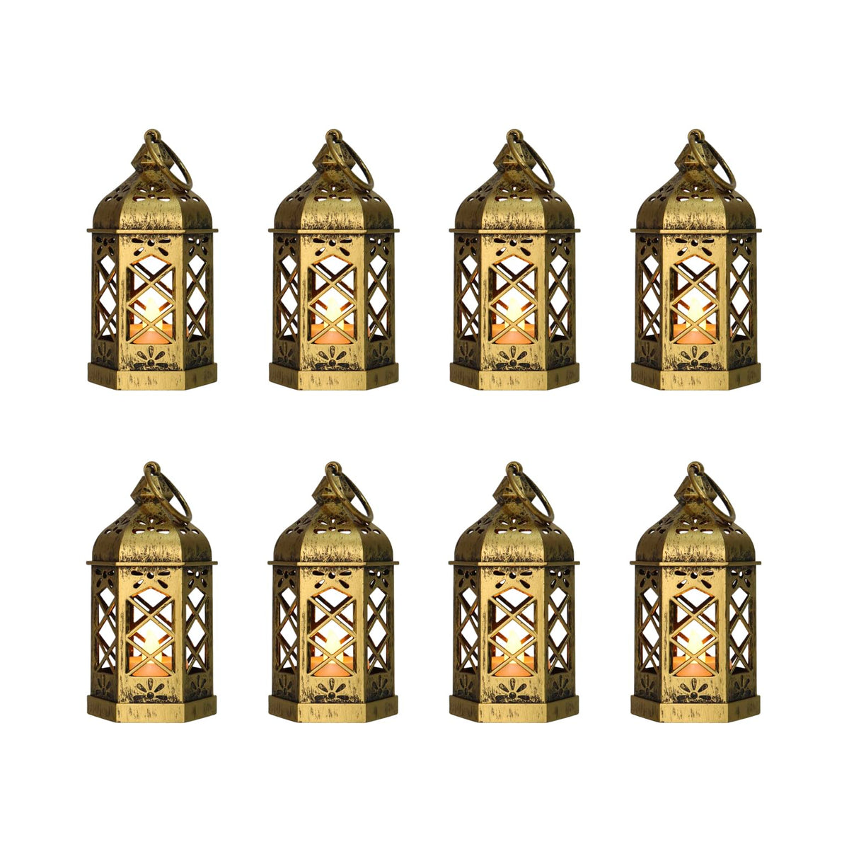Reperla 8-Pack Mini Lanterns with Flickering LED Candles for Ramadan, Small Decorative Hanging Lanterns for Halloween, Christmas, Wedding, Gold Lantern for Table Centerpiece, Garden Party Decor