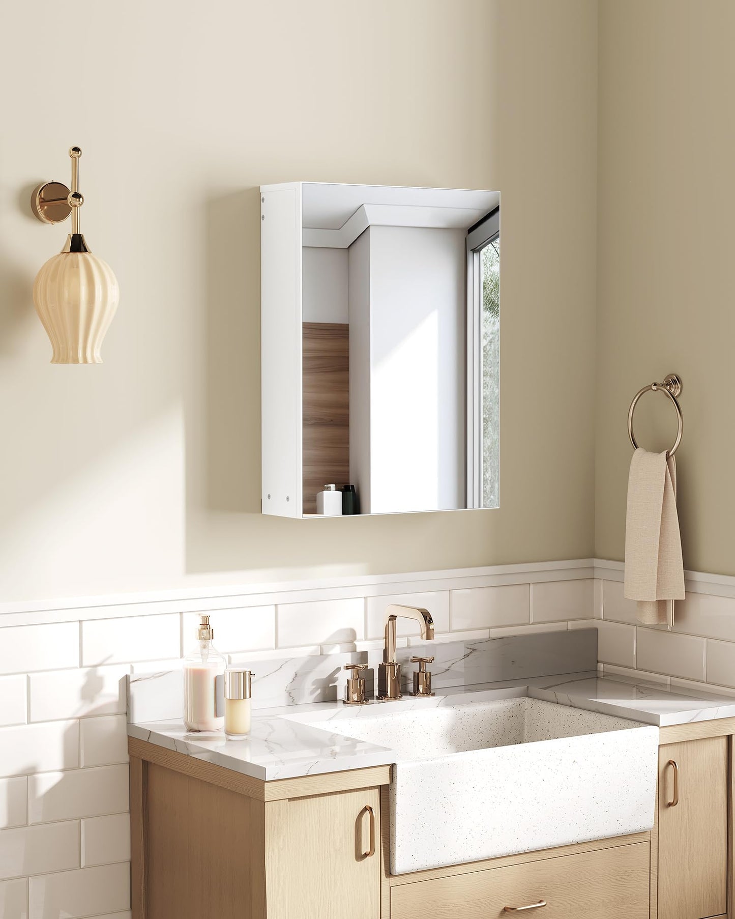 CHOEZON Bathroom Medicine Mirror Cabinet, 17.7'' x 23.6'', Wall-Mounted Bathroom Vanity with Mirror, Bathroom Medicine Cabinet with Storage Function, Hanging Storage Cabinet, Adjustable Shelves, White