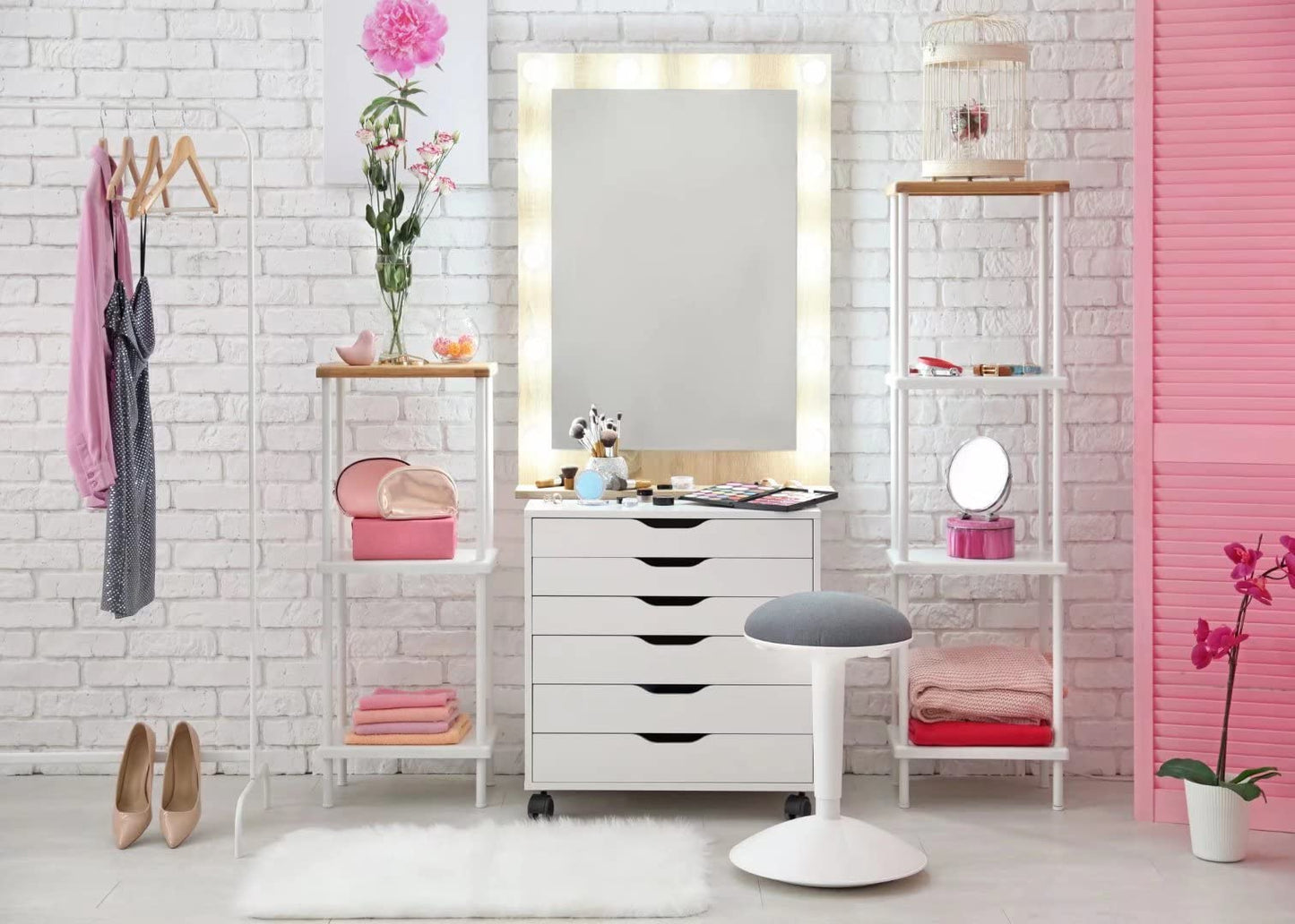 BELECO Makeup Room Backdrop - 9x6ft Fabric Beauty Backdrop for Girls Ladies Online Teaching Live Video Decor Salon White Wall Dressing Table Mirror Background Makeup Party Deco Photo Props