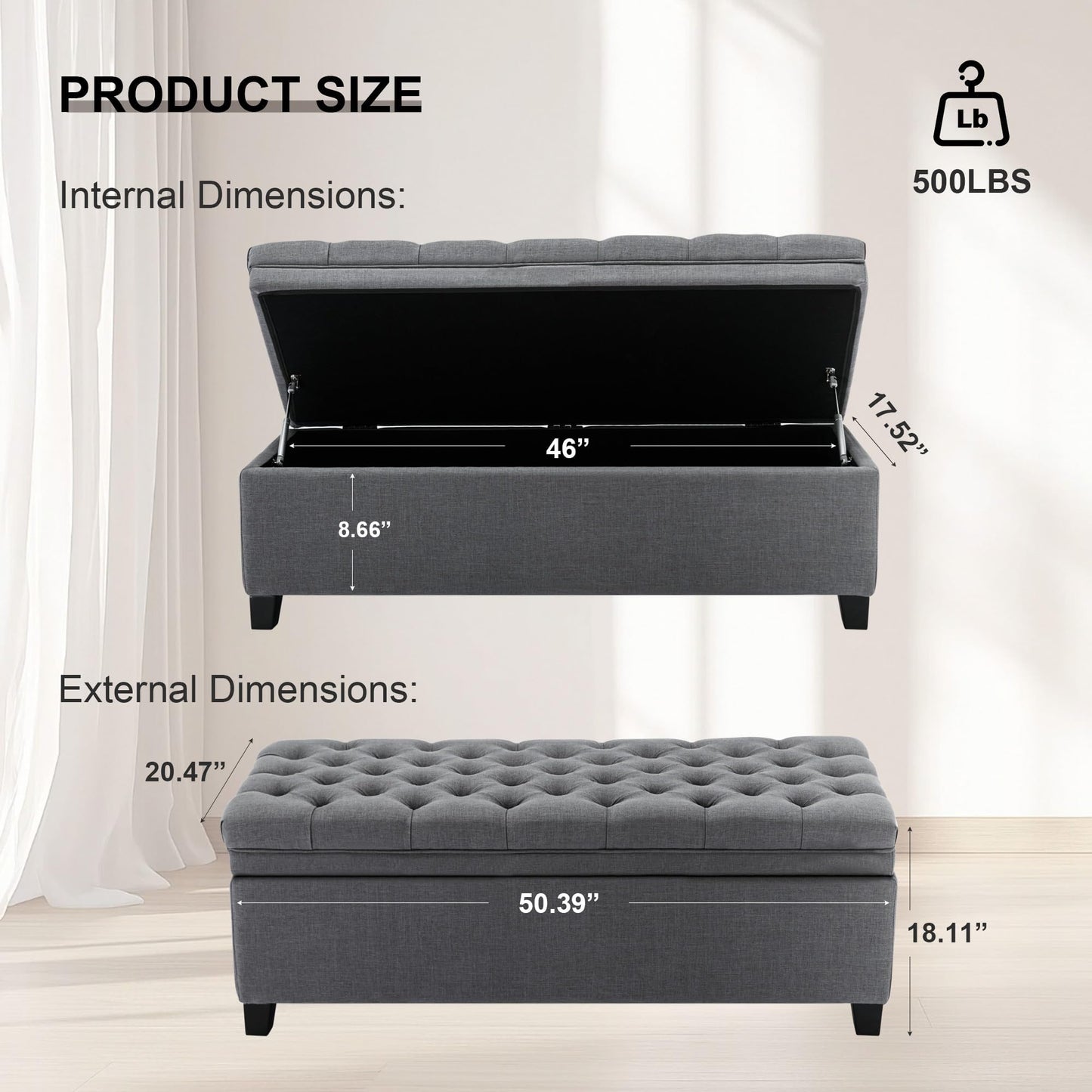 UDAX 51" Storage Ottoman for Bedroom & Living Room, End of Bed Bench with Black Wooden Legs, Linen Upholstered Tufted Ottoman, Entryway Storage Bench,Dark Grey