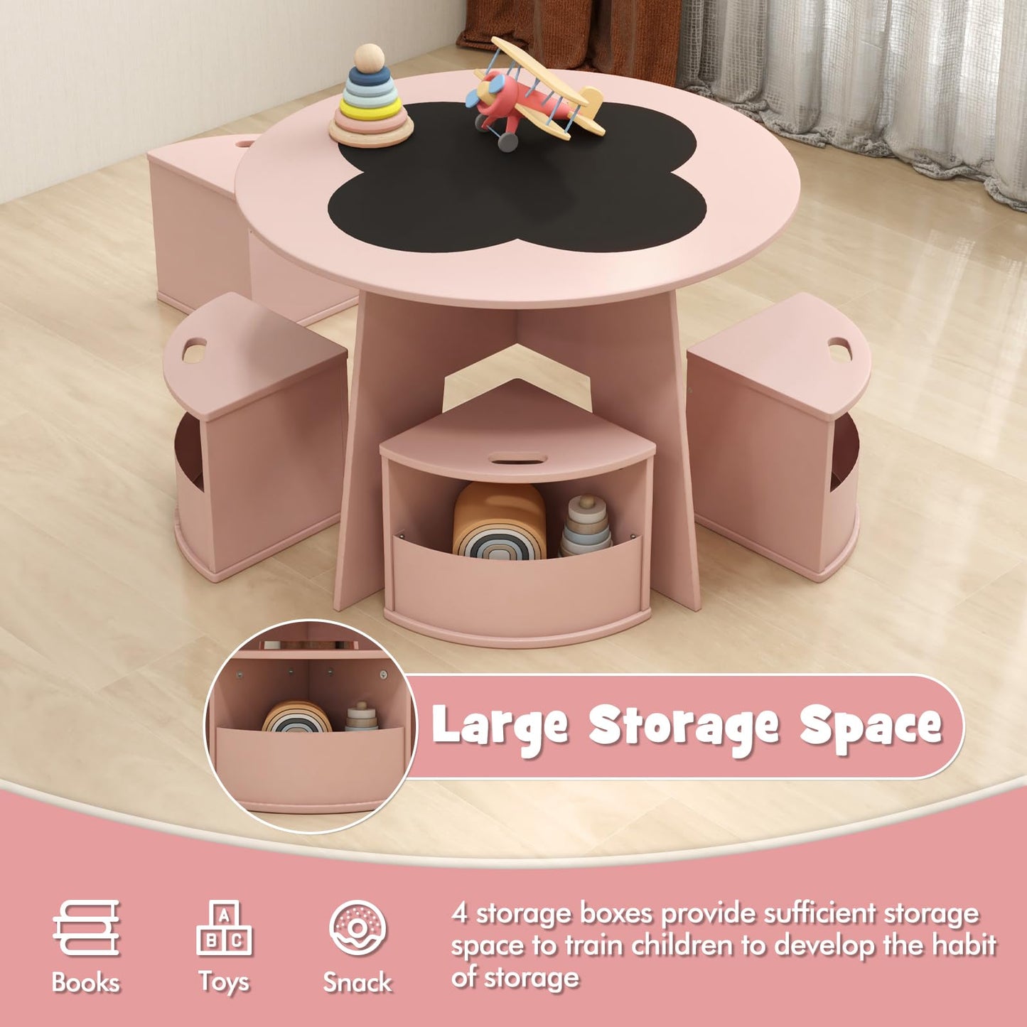 INFANS Toddler Table and Chair Set with 4 Storage Stools, Wooden Flower Shaped Nesting Table with Blackboard Drawers, Children Multi-Activity Table for Art Crafts Draw Read Boys Girls 3+