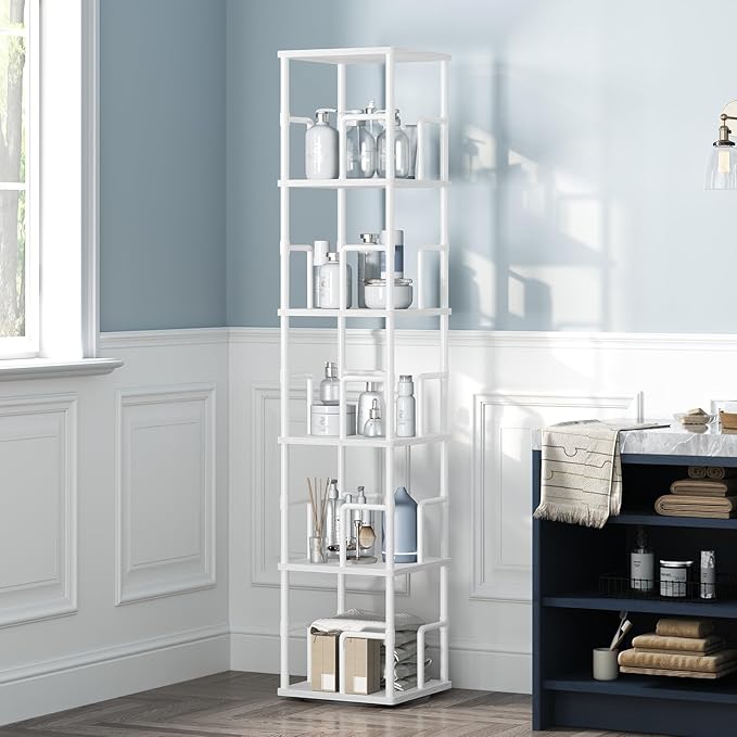 MAHANCRIS 5-Tier Rotating Bookshelf, Freestanding Corner Bookshelf, 360°
