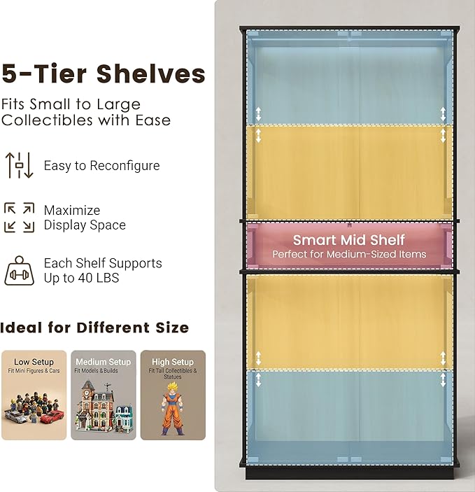 Display Cabinet with Glass Doors & LED Lights, 5 Tier Lighted Display Case