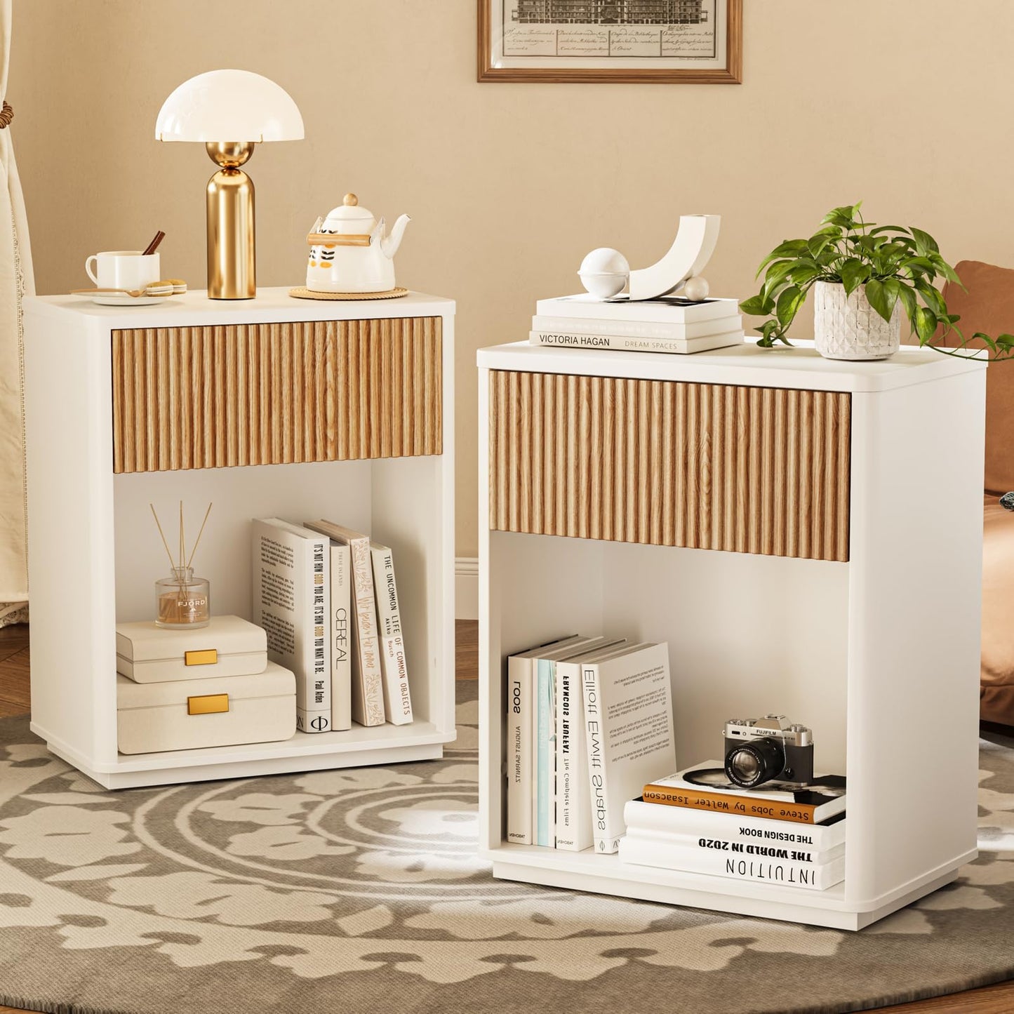 Cychuily Modern Fluted Nightstand Set of 2 for Bedroom, Mid Century Bedside Table with Drawer & Open Shelf, Wood End Table, Farmhouse Night Stand for Home, Hallway, Office, White