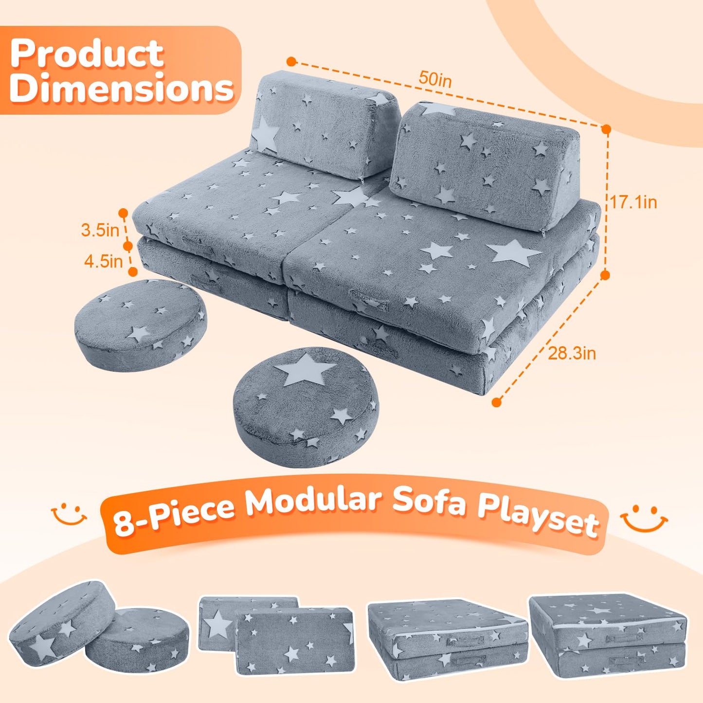 MeMoreCool Kids Couch, Glow in the Dark Star Modular Play Couch, Ages 3+