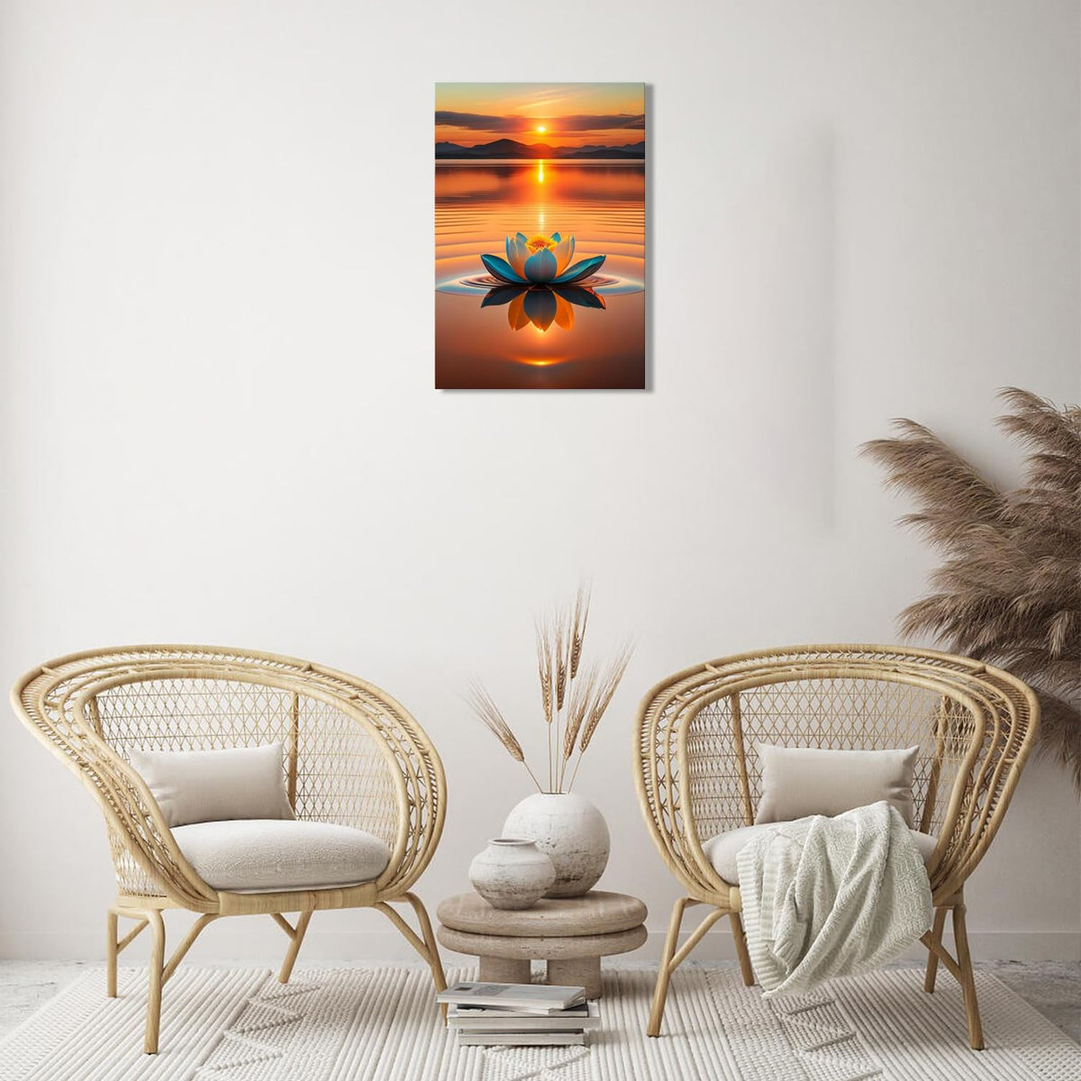 Sunset Lotus Wall Art–Lotus Blooming In The Water,Serene Lake Meditation Canvas Art,Yoga Spa Meditation Room Decor, Modern Spiritual Poster Prints For Zen Office Framed 12"X 16"