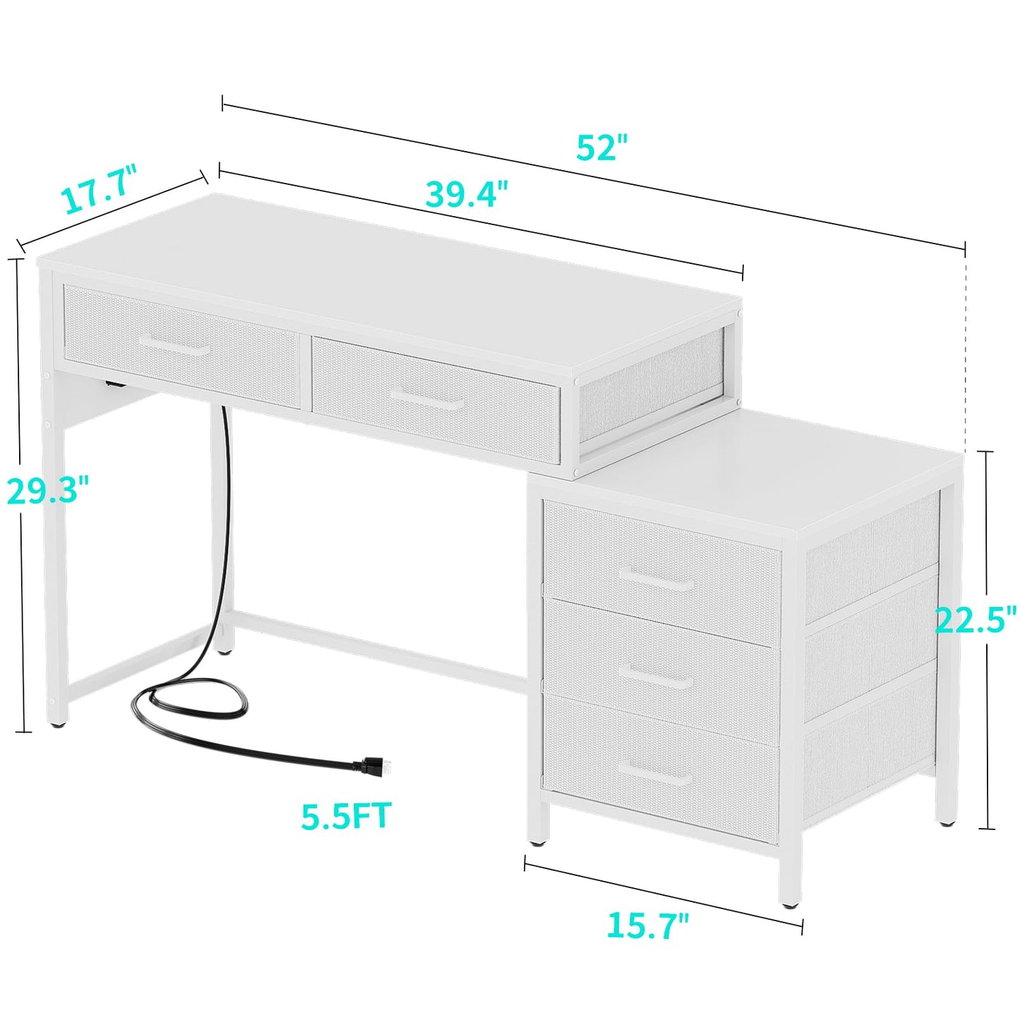 Unikito Reversible Computer Desk with 5 Drawers, Sturdy Office Desk with Power Outlets and USB Ports, Study Writing Table with File Cabinet & Printer Stand, Vanity Desk with Storage, White