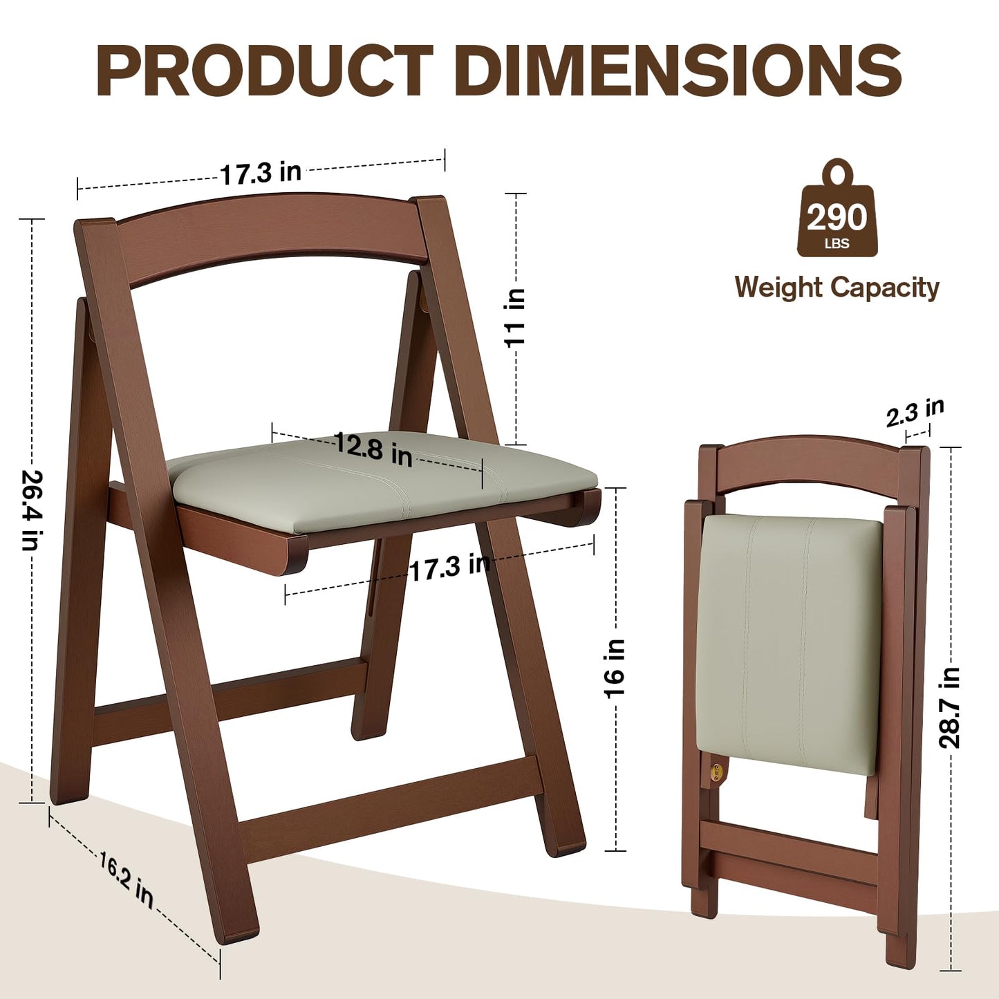 Wooden Folding Chairs Set of 2, Padded Folding Dining Chairs with Leather Soft Cushion, No Assembly Required Foldable Chair for Home Kitchen Office Party Picnic Wedding, 290 LB Max Weight Capacity