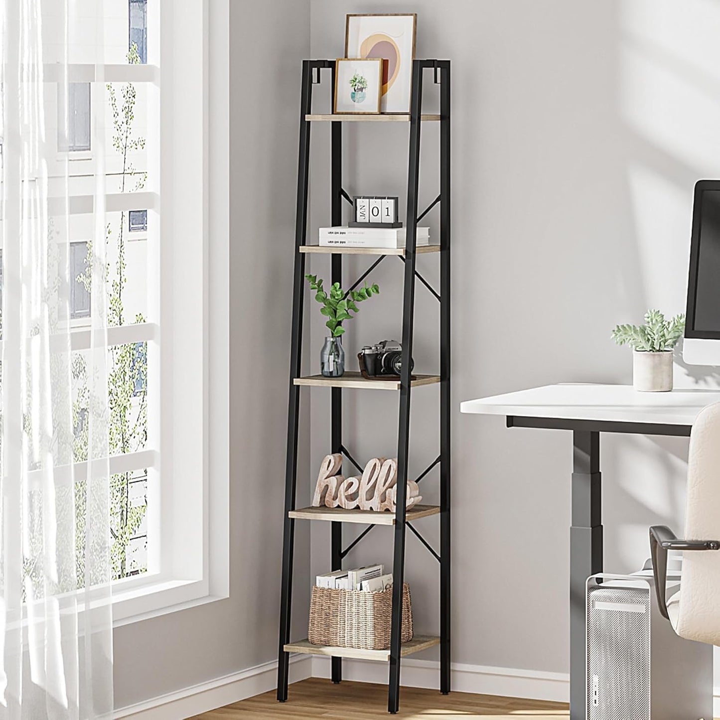 Hzuaneri Ladder Shelf, Bookshelf Bookcase, Freestanding Corner Storage Shelve with 2 Hooks for Home Office, Living Room, Kitchen, Bedroom, Industrial, 11.8" D x 13.4" W x 63" H, Greige BC03205B