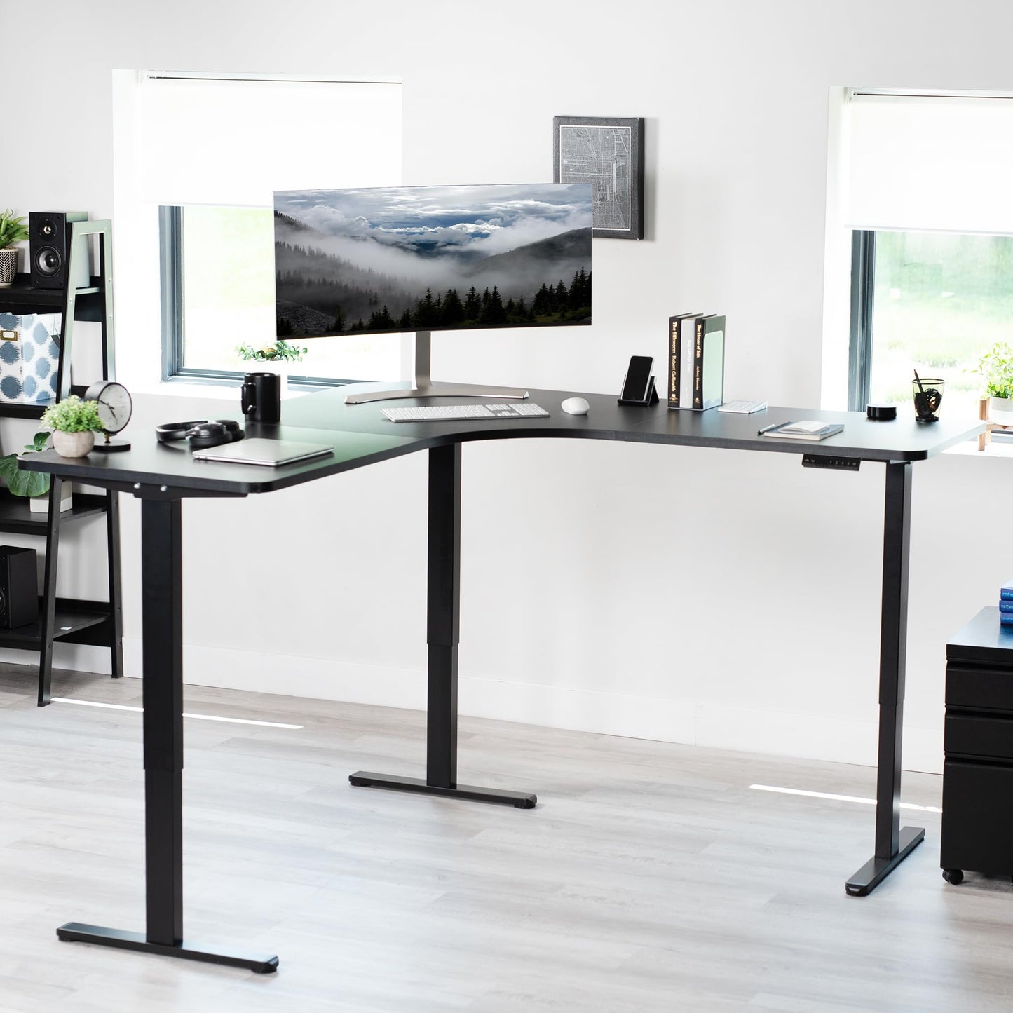 VIVO Electric Multi-Motor Height Adjustable Corner 3 Leg Standing Desk Frame, Sit Stand Ergonomic L Frame with Push Button Controller, Black, DESK-V123EB