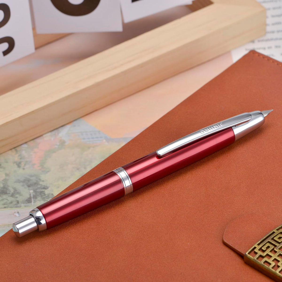 Jinhao 10 Press Fountain Pen with Box, Rose Red Retractable Extra Fine Nib with Ink Converter Set (Silver Clip)