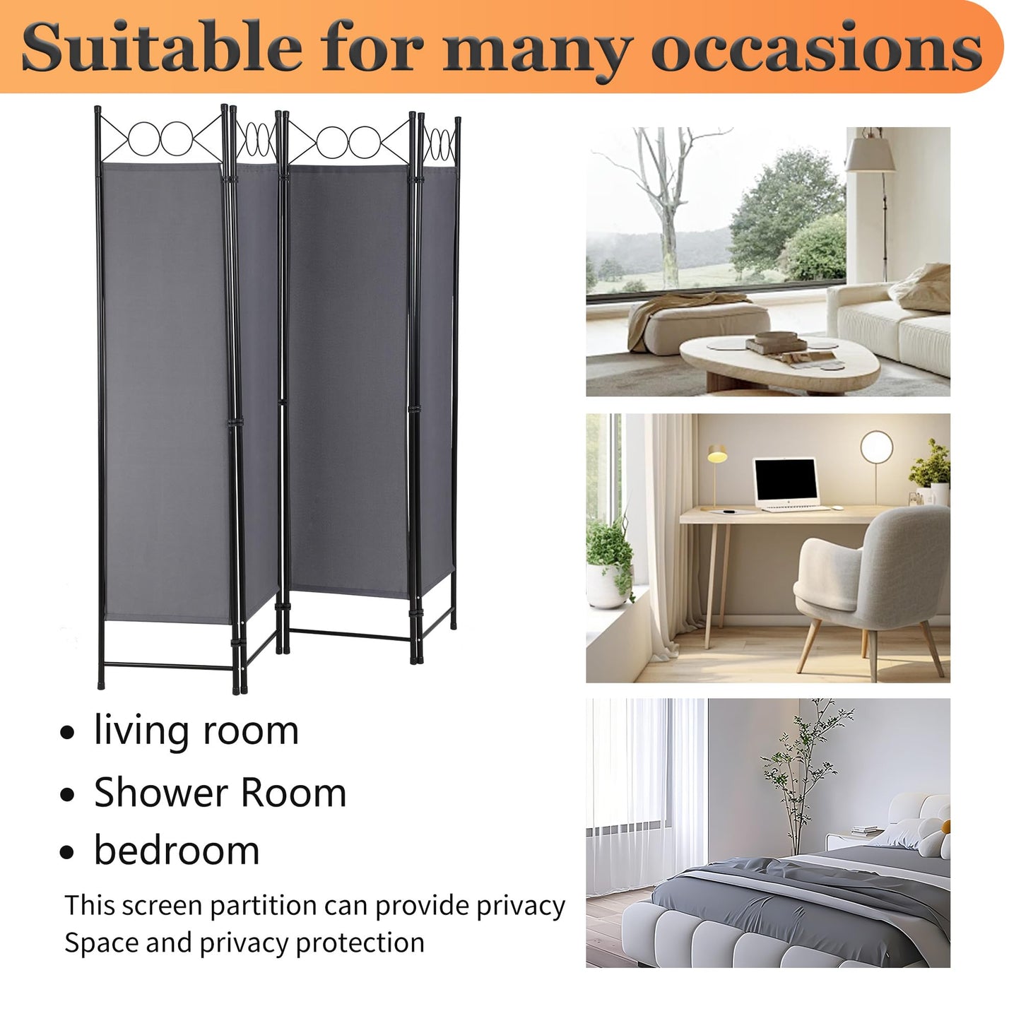 4 Panel Room Divider 6FT Steel Frame Screen Folding Privacy Divider Freestanding Partition for Home Office Bedroom,Light Grey