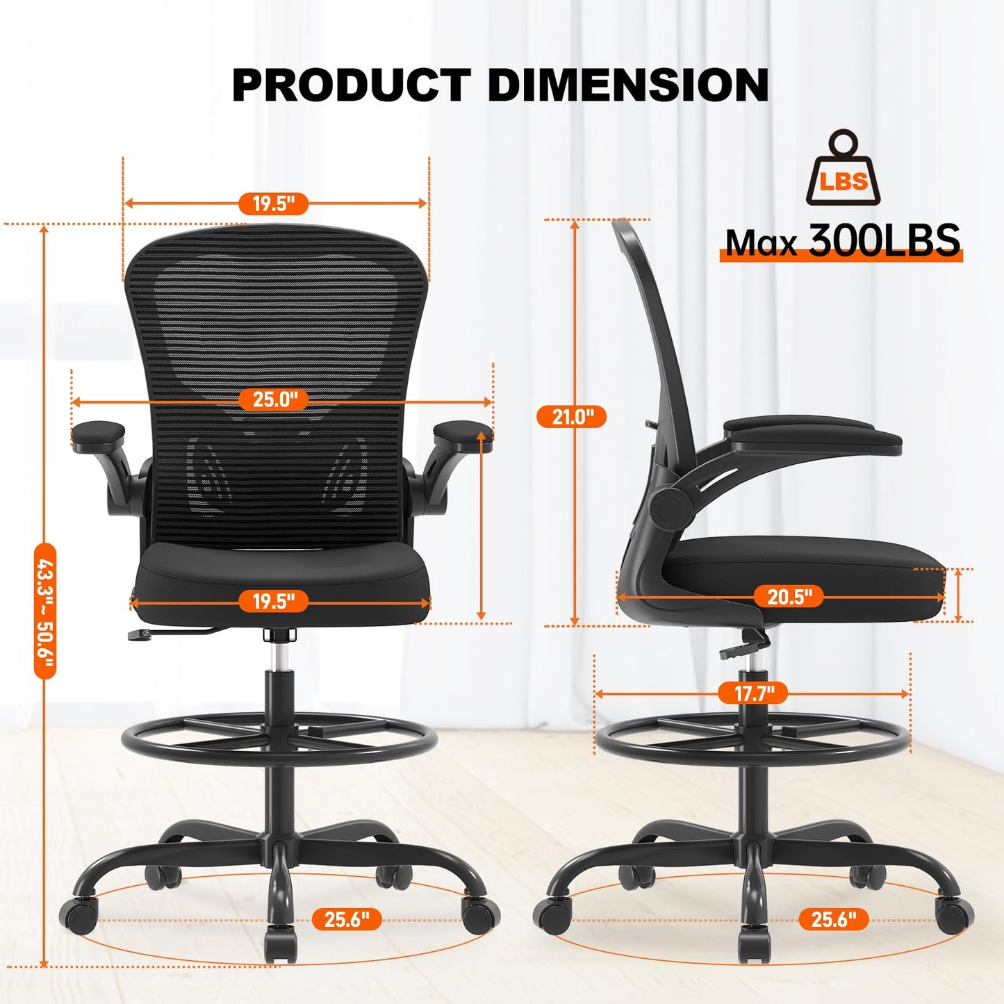 Synorla Ergonomic Drafting Chair, Tall Office Chair with Flip-up Armrests, Breathable Mesh High Desk Chair with Lumbar Support Adjustable Footrest Ring for Standing Desk Black