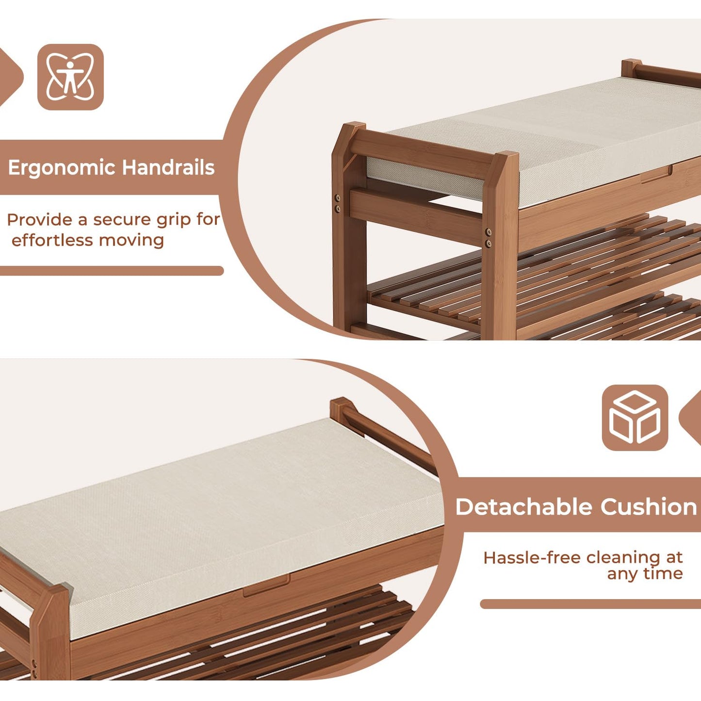 ACSWOD 39.4" Bamboo Shoe Bench with Cushion, 6 Hooks Coat Rack, 3-Tier Adjustable Storage Bench for Entryway, Heavy Duty Shoe Rack Organizer with Removable Soft Cushion for Living Room Bedroom Hallway