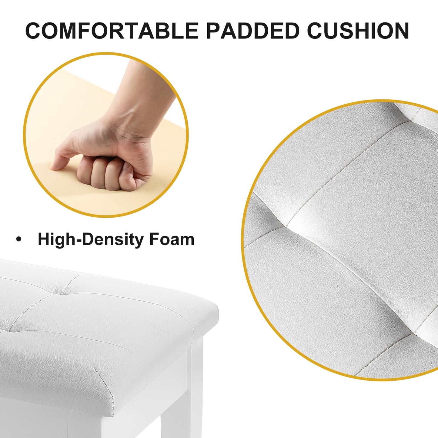 FILISITE Duet Piano Bench with Storage, Wooden Piano Stool with Waterproof Padded Cushion, Bench Seat for Vanity, Living Room, Bedroom (White)