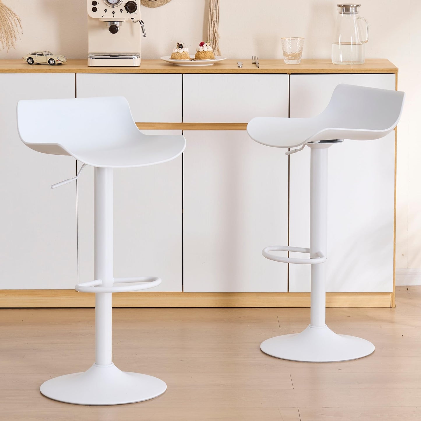 YOUNIKE White Adjustable Height Bar Stools Set of 2 Plastic Swivel Barstool with Low Back Modern Kitchen Counter Island Bar Chairs for Breakfast Nook Cafe Bars Office