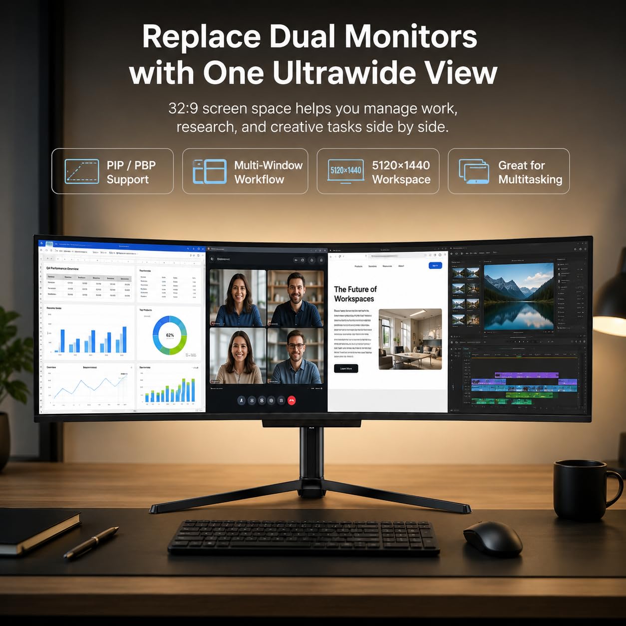 Deco Gear OLED 49 Inch Curved Monitor, 5K2K 5120×1440 Ultrawide Dual QHD, 144HZ, 0.03ms, 32:9 HDR400, Adaptive Sync, R1800 Premium 100% sRGB 90W USB-C, Built-in Speakers Height Adjustable Stand